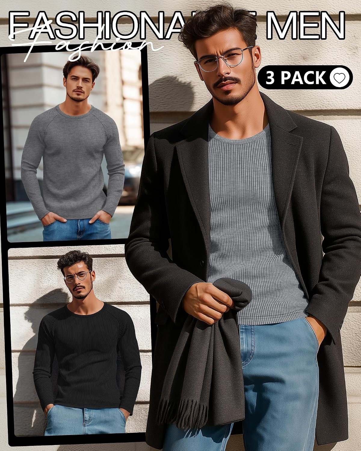 August Alley 3 Pack Men's Ribbed Thermal Long Sleeve Shirts 90% Cotton Crew Neck Pullover Tops Slim Fit Winter Undershirts