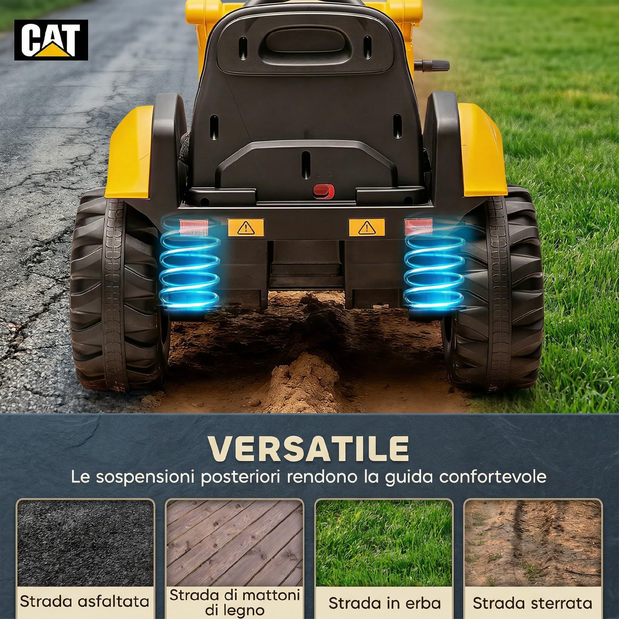 AIYAPLAY Ruspa Elettrica per Bambini 3-6Anni Licenza CAT con Benna Giallo | Macchina Elettrica Escavatore Trattore Giocattolo Cavalcabile, 12V 7AH, 2 Motori, Telecomando, Musica, Bluetooth e USB