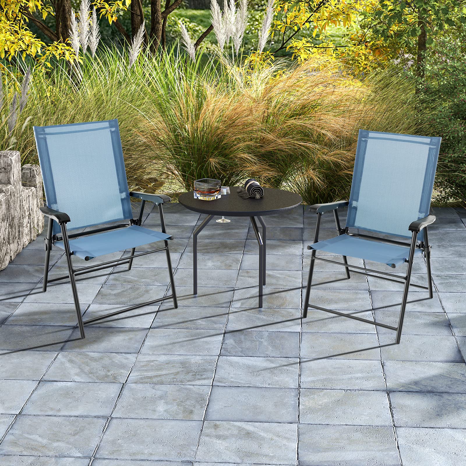 KOMFOTTEU Set di 2 sedie pieghevoli da balcone, portatili, da giardino con schienale, per terrazze, resistenti alle intemperie, pieghevoli, per giardino, balcone, terrazza (blu)