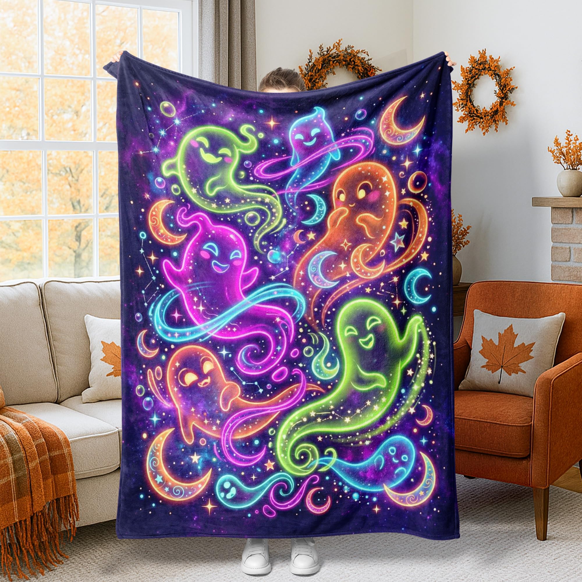 Plaid fantôme Halloween en flanelle violette pour réchauffer vos nuits fraîches sur le lit