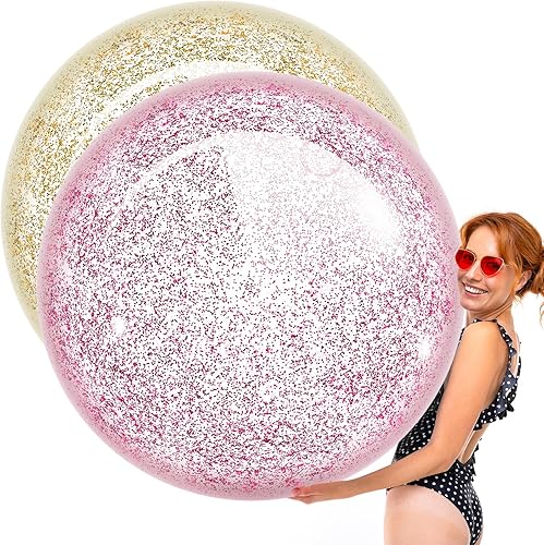 Junkin 2 bolas gigantes de lentejuelas de 48 pulgadas, enormes bolas de confeti grandes inflables transparentes con purpurina, enormes bolas de