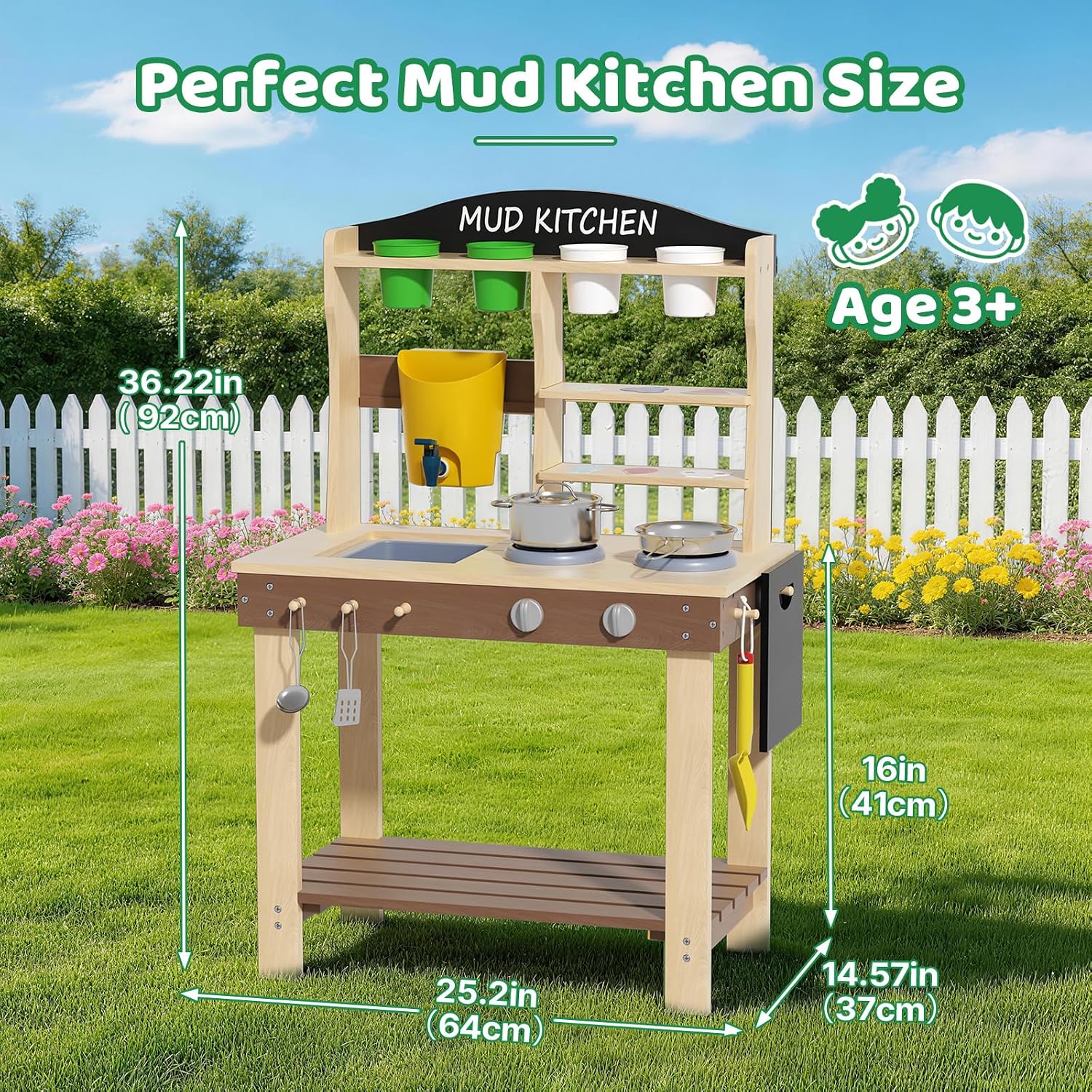 Babytronic Mud Kitchen, Wooden Outdoor Kitchen for Kids Age 3+, Play Kitchen Set with 19 Accessories, Play Sink with Running Water, Stove, Mud Table for Sensory Fun, Cooking, Planting, Toddler Gift