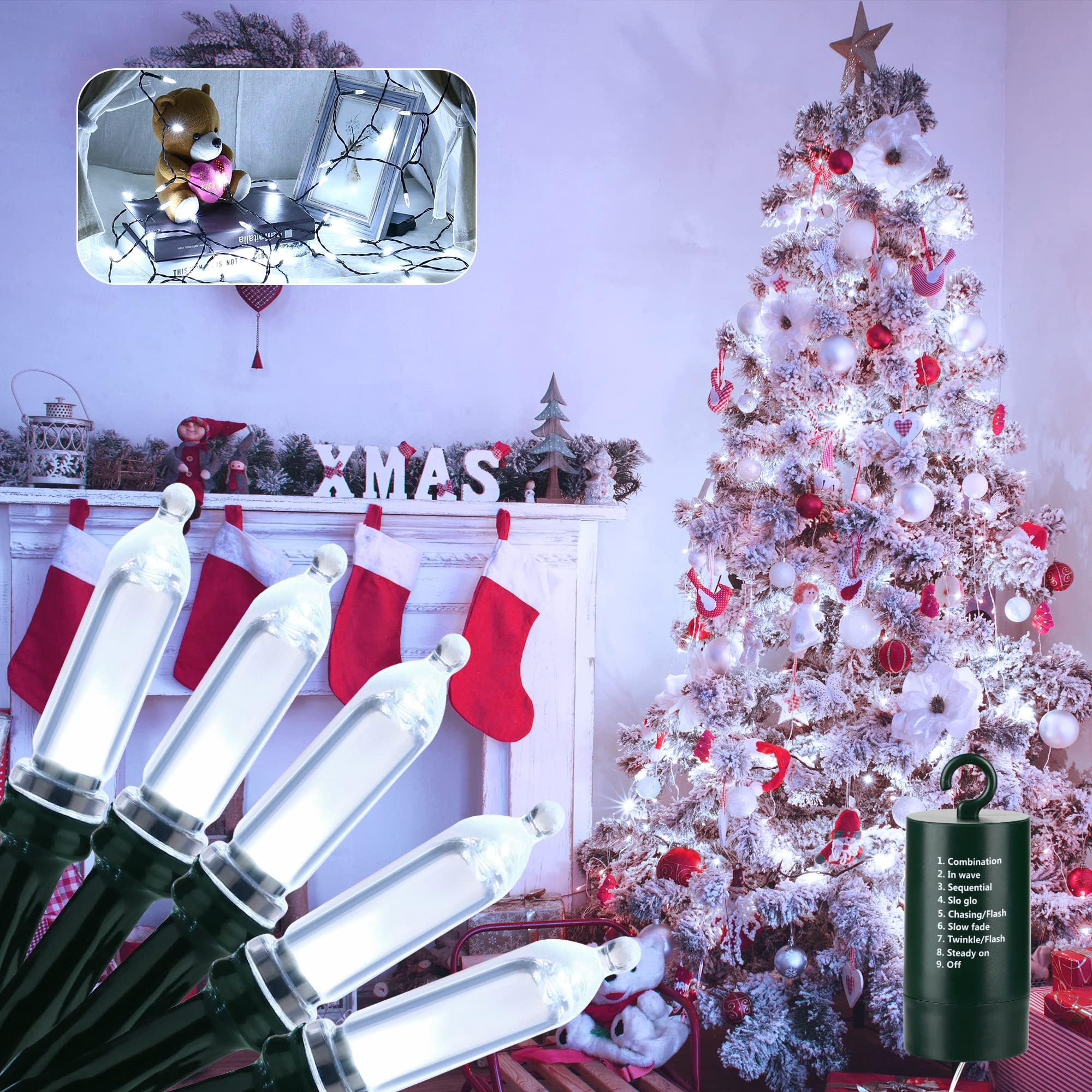 Moxled Battery Christmas Lights White 33ft 100 LED Outdoor Christmas