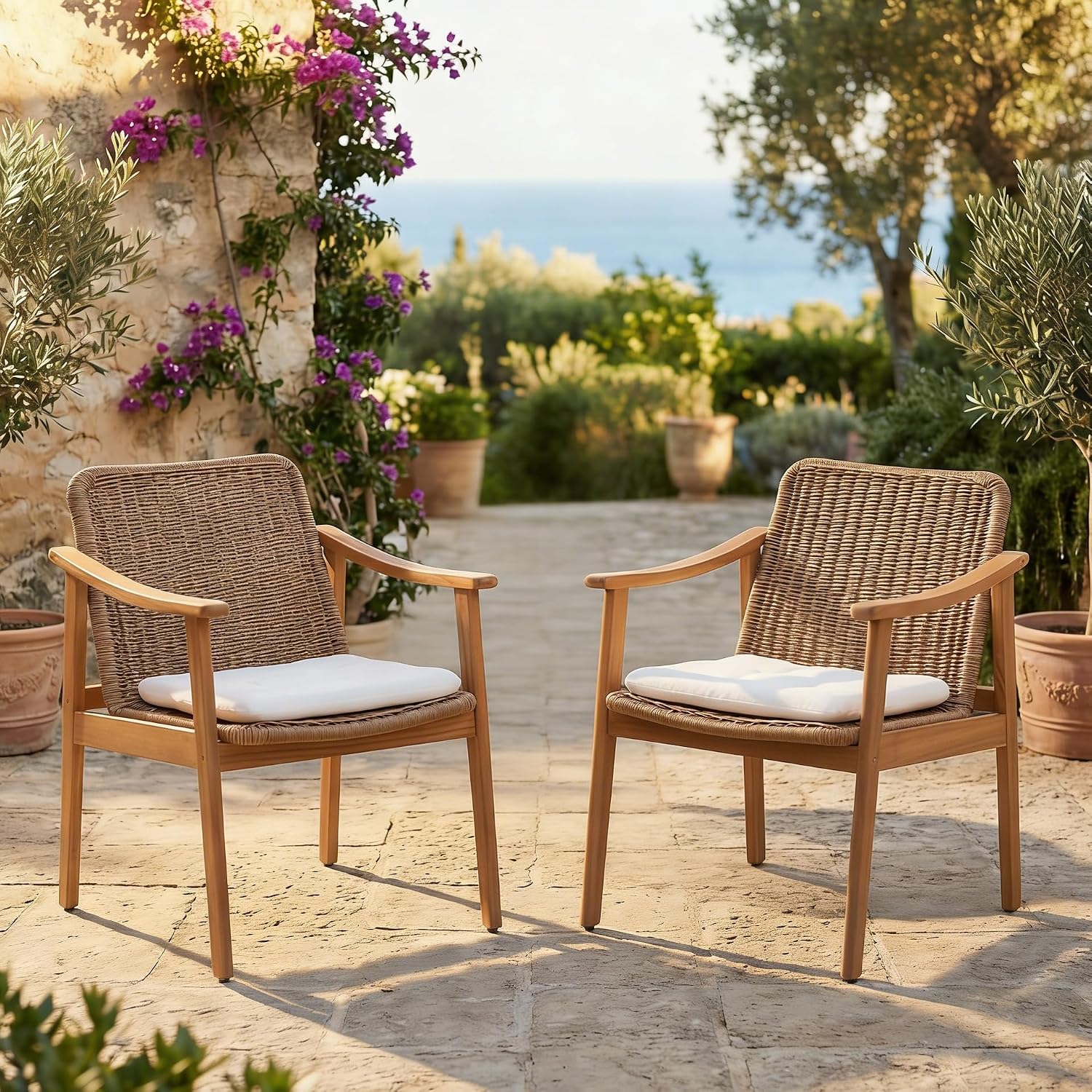 SUNSITT Acacia Wood Patio Dining Chairs Set of 2, Outdoor Wooden Chair with PE Wicker Back & Seat, 2-Piece All-Weather Patio Armchair w/Cushions, Porch, Garden, Teak Color