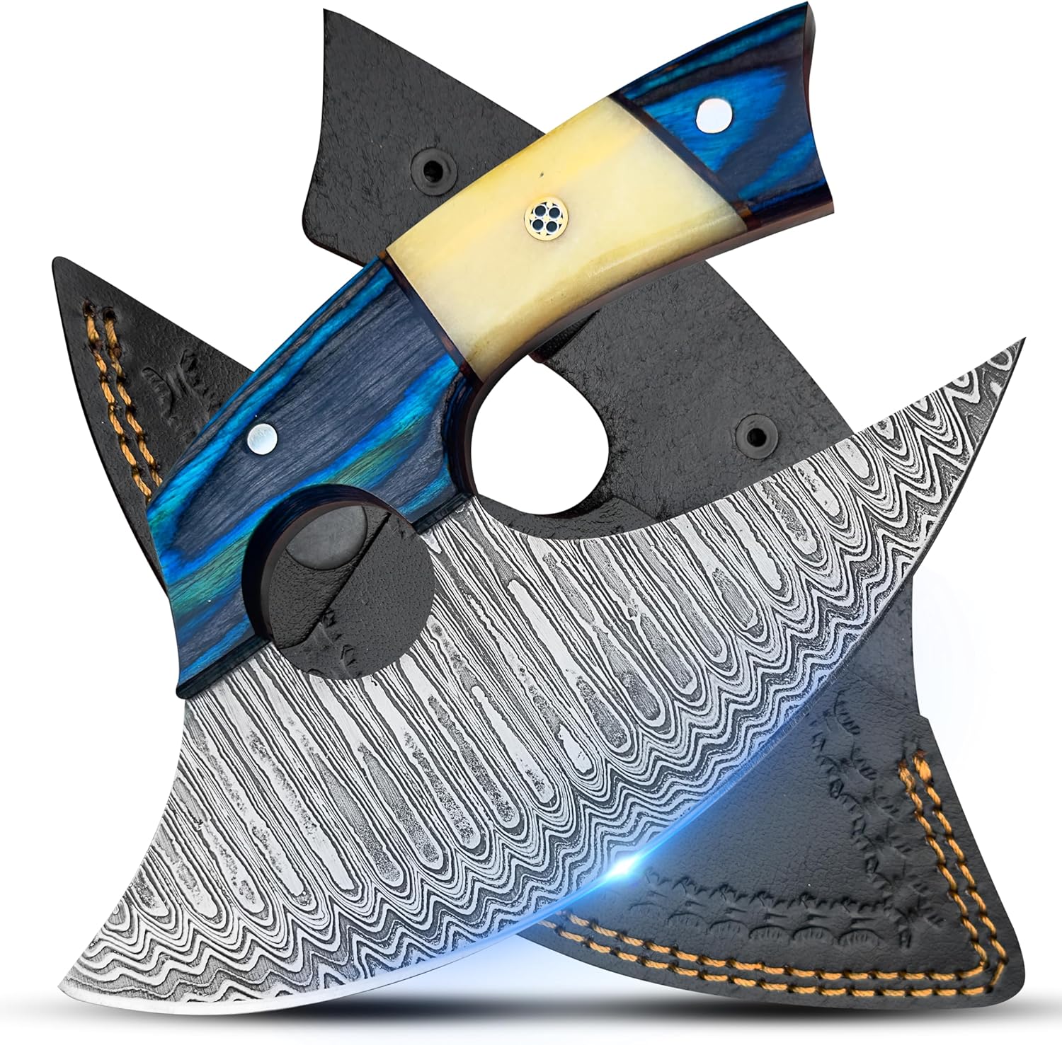 RC Knives Damascus Ulu Knife with Leather Sheath - Handmade Pizza Cutter with Non-Slip Wooden Handle - Alaska Ulu Knife Used For Multi-Purpose in Kitchen & Outdoor - Best Gift for your loved one