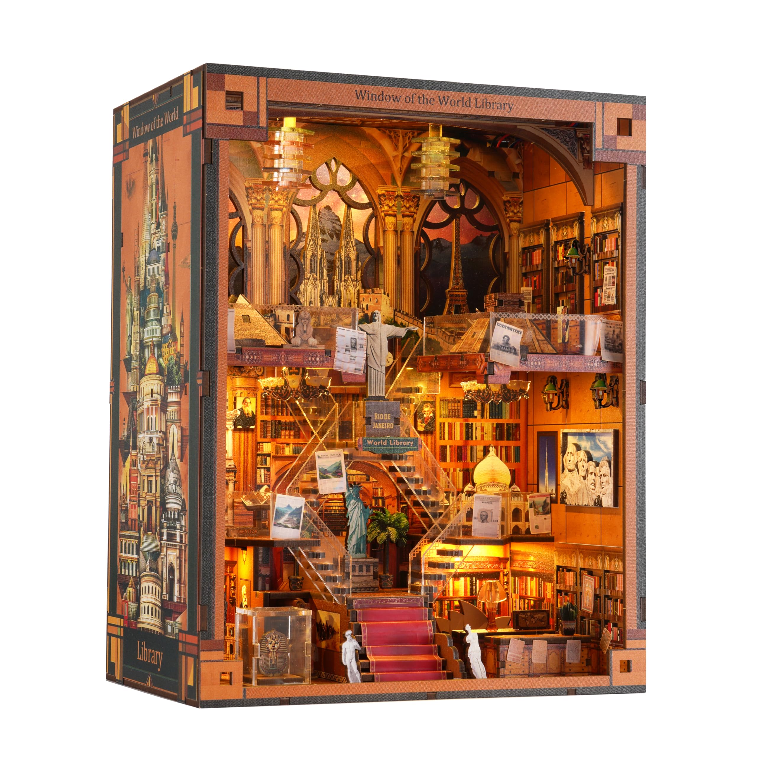 Book Nook Library kit - DIY Miniature House Kit for Adults & Teens, Dollhouse Booknook Bookshelf Insert Decor with LED Light, Unique Gift for Family, Friends（Window of The World）