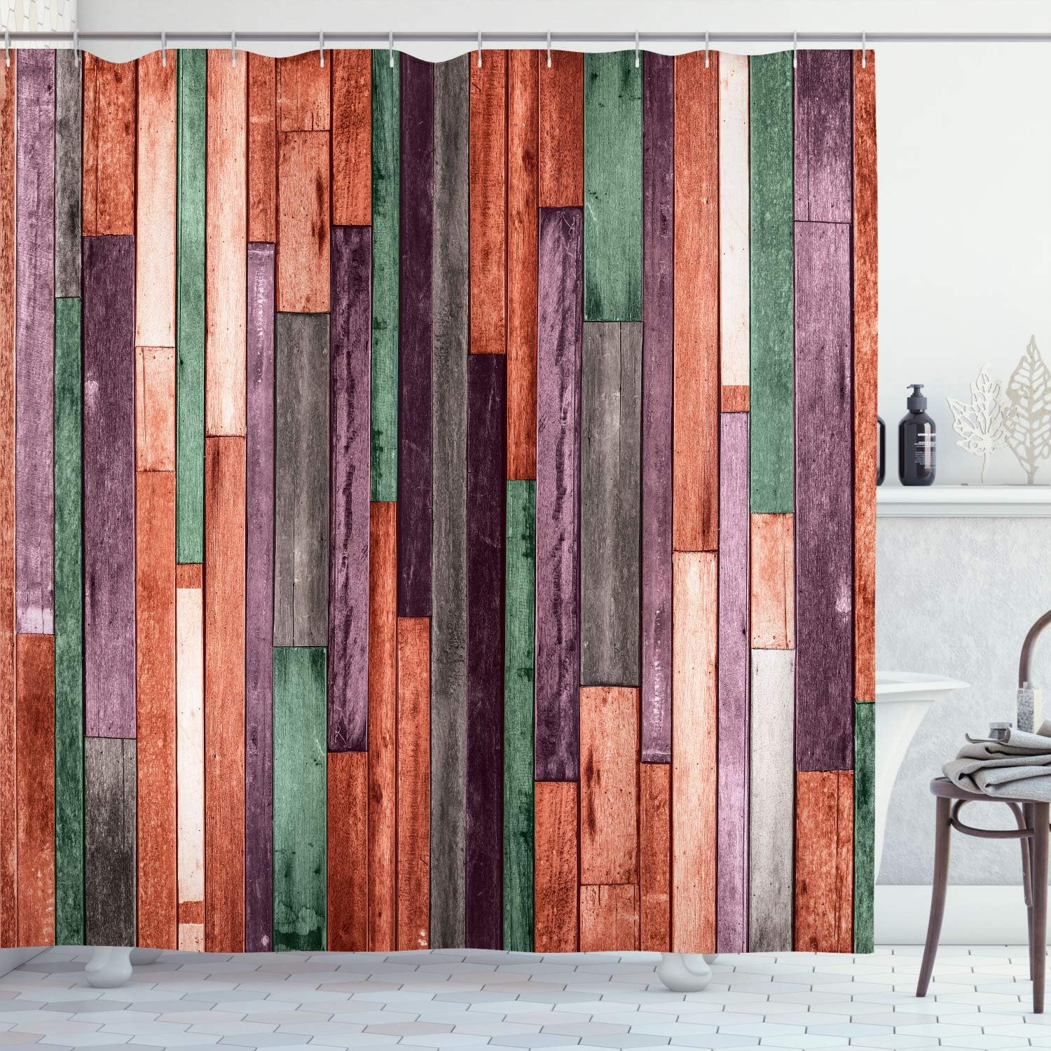 Ambesonne Wooden Print Shower Curtain, Brown Old Hardwood Floor Plank Grunge Lodge Garage Natural Rural Graphic, Cloth Fabric Bathroom Decor Set with Hooks, 70" Long, Hunter Green