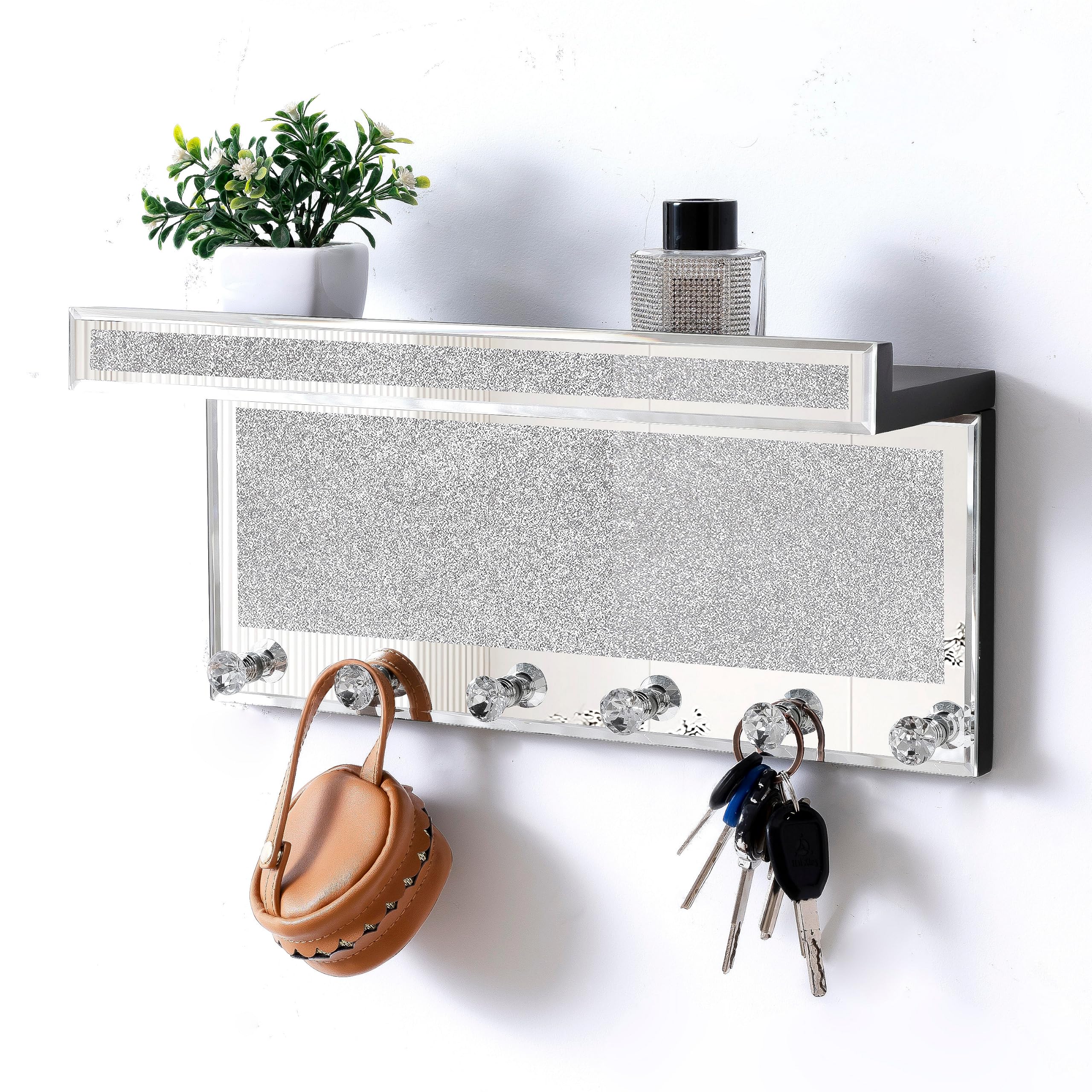 SHYFOY Portachiavi da parete a specchio, luccicante portachiavi decorativo e porta posta, scaffale da parete con 6 ganci in cristallo, per ingresso, porta d'ingresso, cucina, corridoio, garage