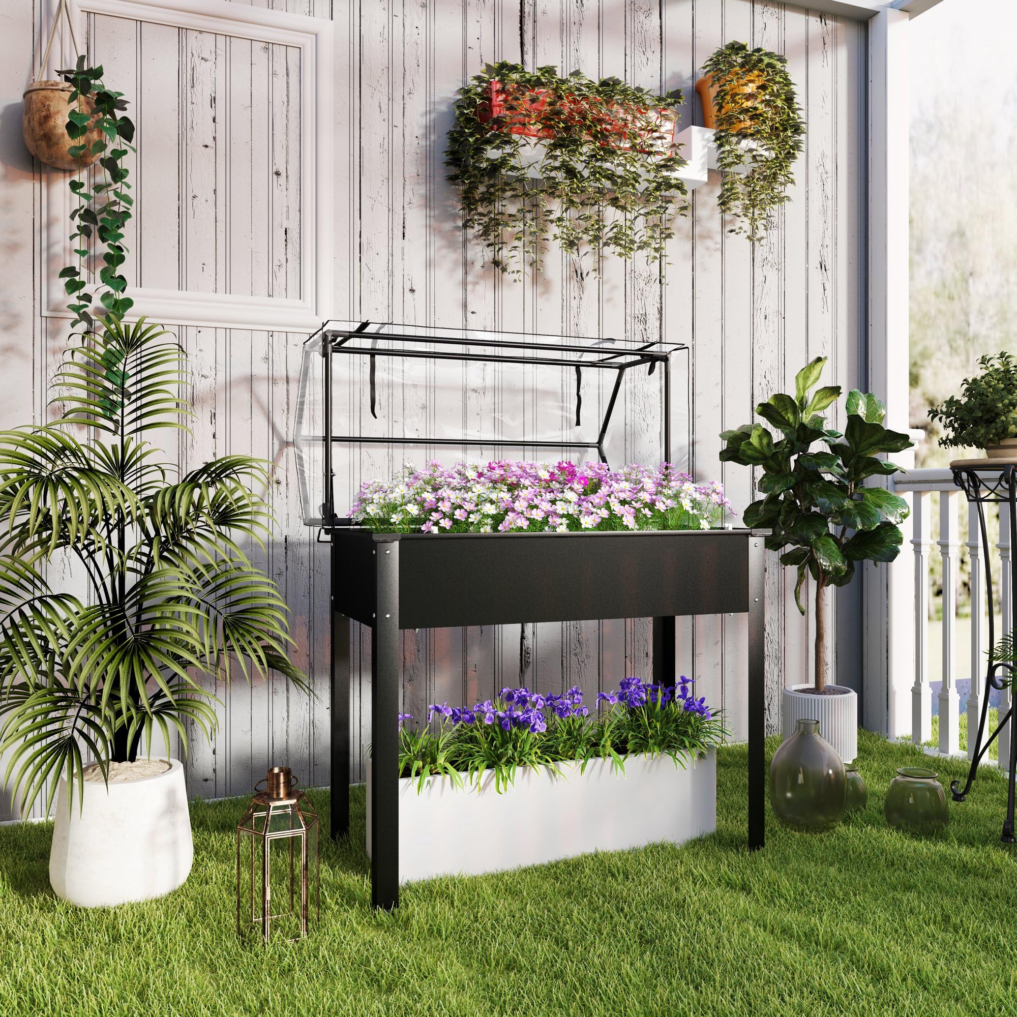 Outsunny Hochbeet mit Abdeckung Wetterbeständig 100 x 48 x 124 cm Schwarz