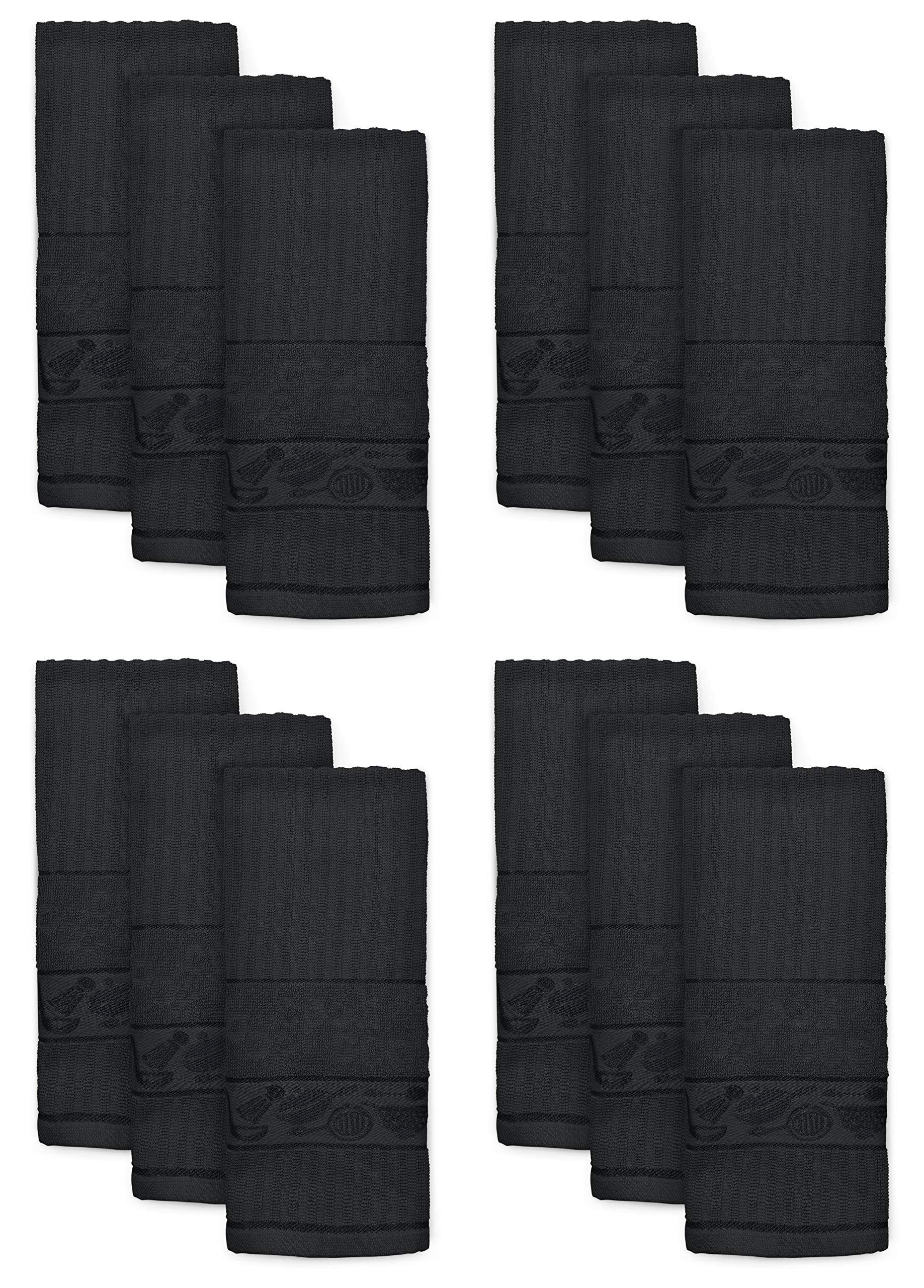 Ashley Mills Black Woven Tea Towels Pack Of 12 Large 40 X 70Cms Super Absorbent Hearts 100% Cotton (Black)