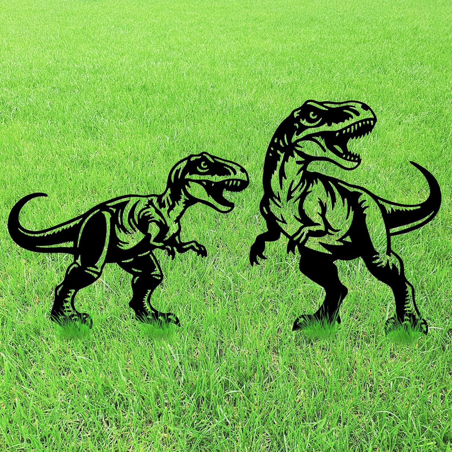 GLOBLELAND 2 Pcs Dinosaur Garden Stakes for Yard Decor Silhouette Dinosaur Metal Garden Decor Funny Animals Silhouette Statues Lawn Signs Decor for Yard Patio Lawn Walkway Ornament