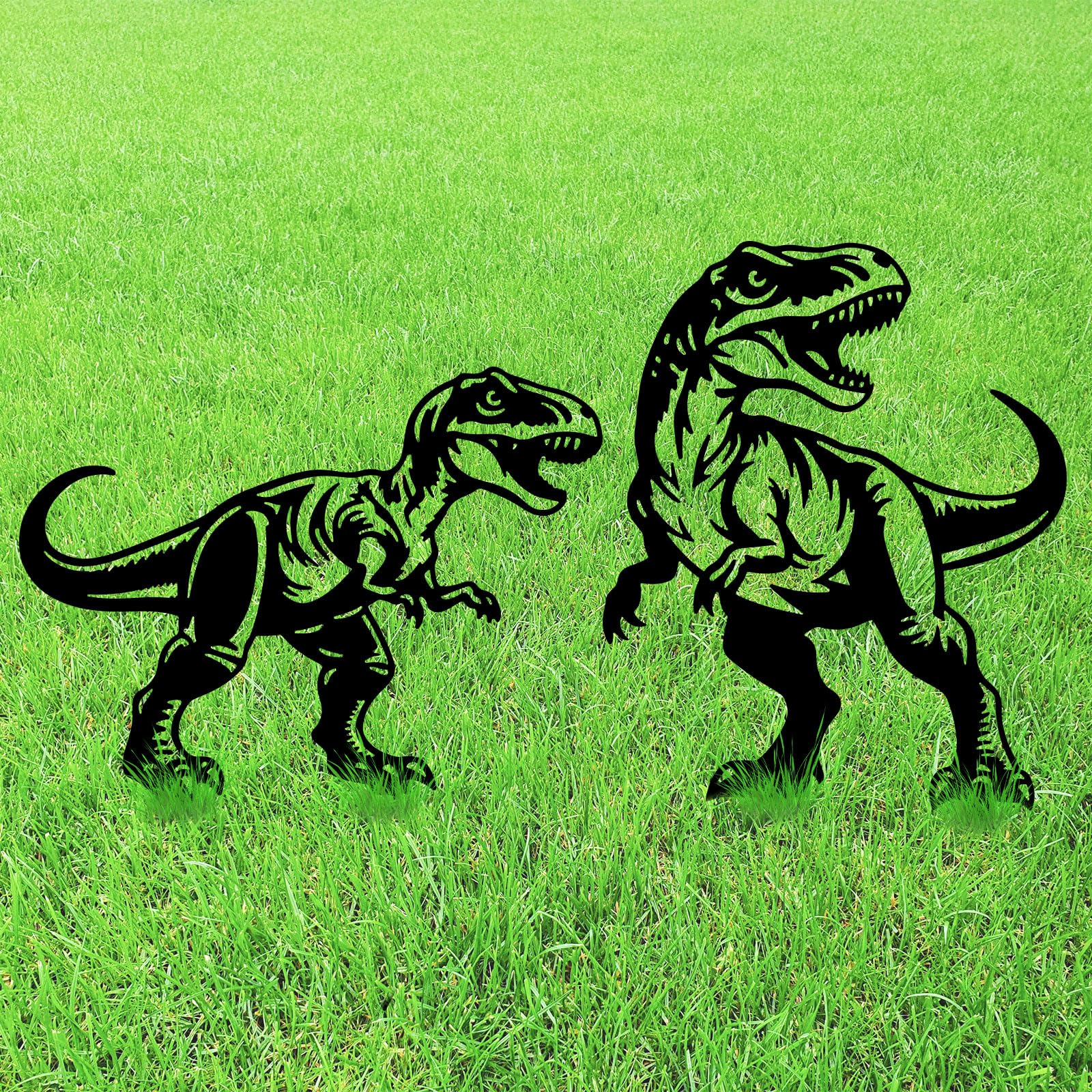 Piquet de jardin dinosaure en métal GLOBLELAND | Lot de 2 décorations pour pelouse et cour