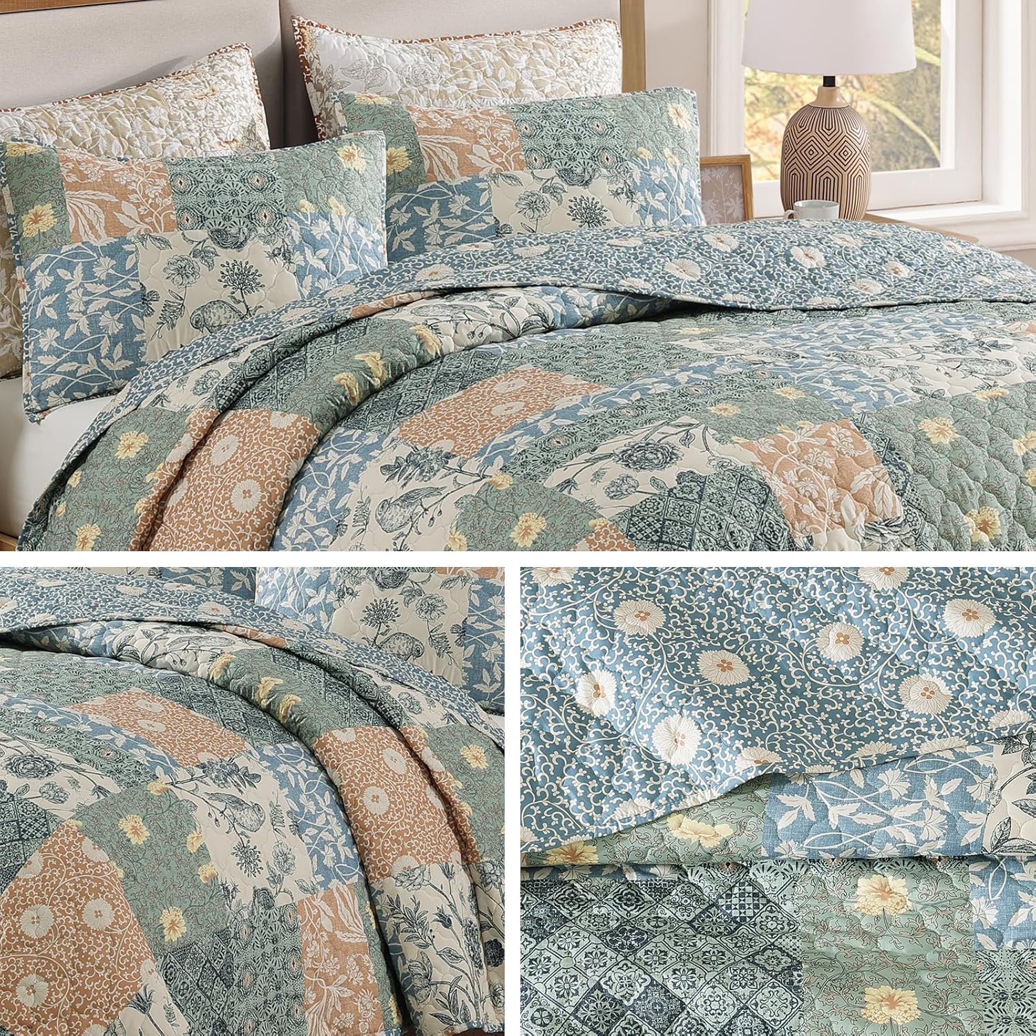 CASAAGUSTO Queen Quilt Set - 3 Pieces Patchwork Green Quilt Bedding Set, Lightweight Queen Bedspread Coverlet, Reversible Floral Bed Cover for All Seasons (90"x94", 1 Quilt + 2 Pillow Shams) - Image 8