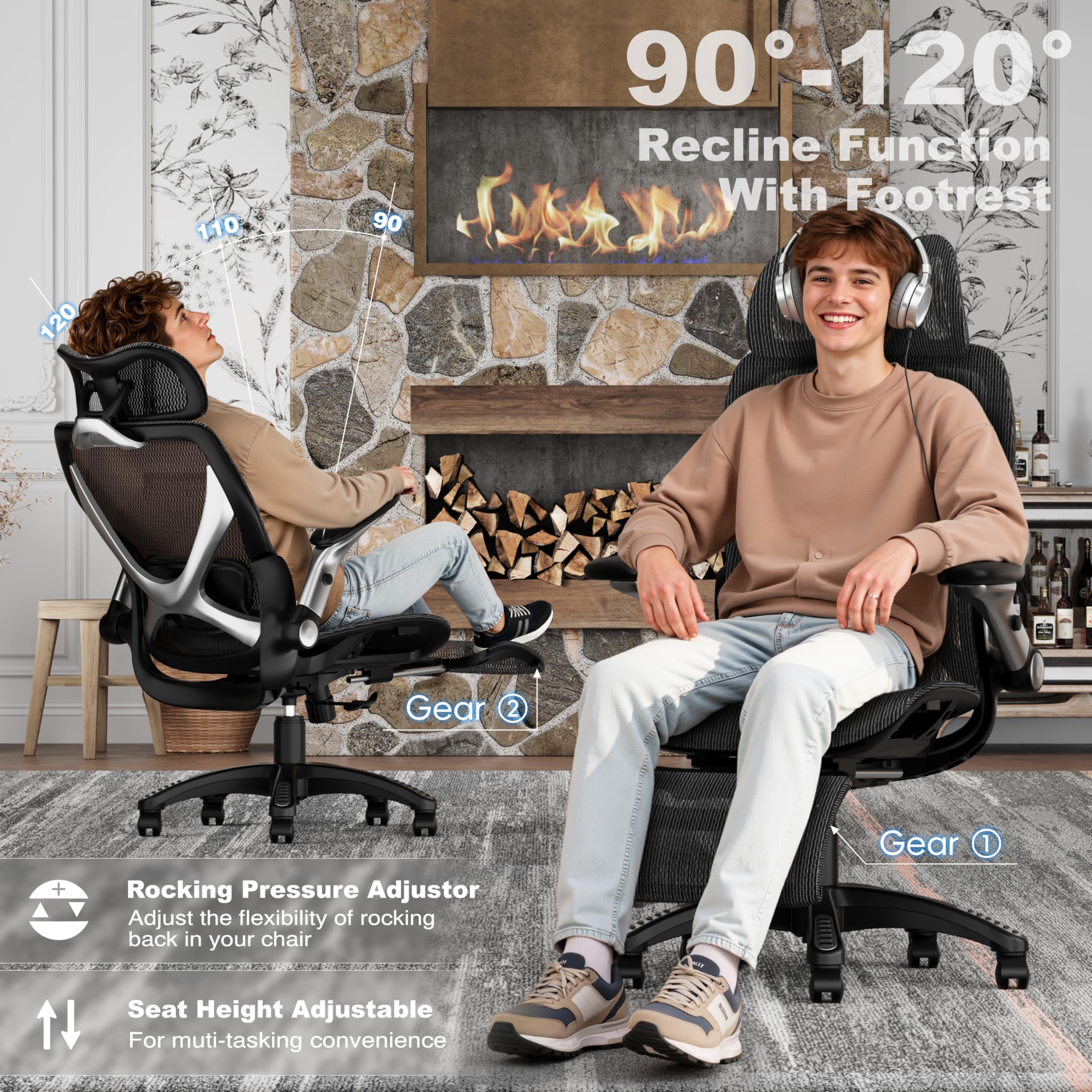 X100 Ergonomic Office Chair with Footrest, Big and Tall Home Desk Chair with 5D Flip-Up Arms, Adjustable 3D Adaptive Lumbar Support,High Back Rolling Computer Chair, Swivel Gaming Mesh Chairs