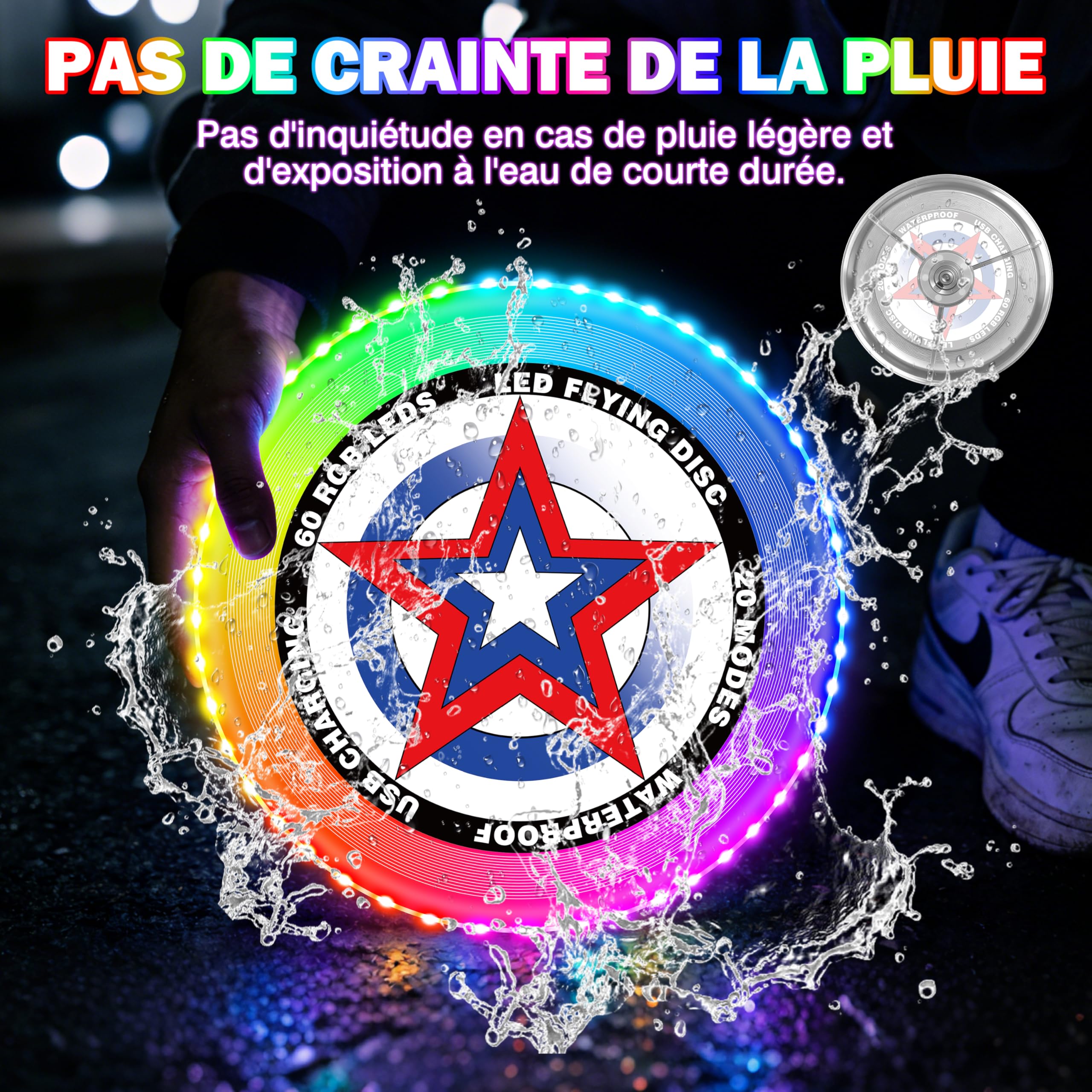 Frisbee Lumineux avec 20 Effets Lumineux, Imperméable, Capable de Flotter sur l'eau, Anneau Volant 60 LED, Jouet Jeux d'extérieur Cadeaupour Adultes Enfants, LED Frisbee pour Plage Pelouse Camping