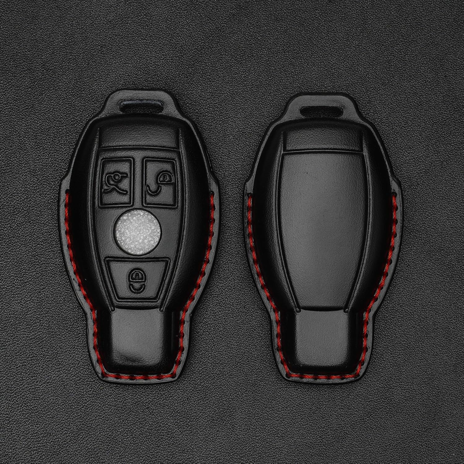 for Mercedes Benz Key fob Cover Genuine Leather with Keychain,Leather Key case Protector Compatible C E M S CLS CLK GLK GLC G AMG Series Smart Remote Key -Black(Red Line) - Image 3