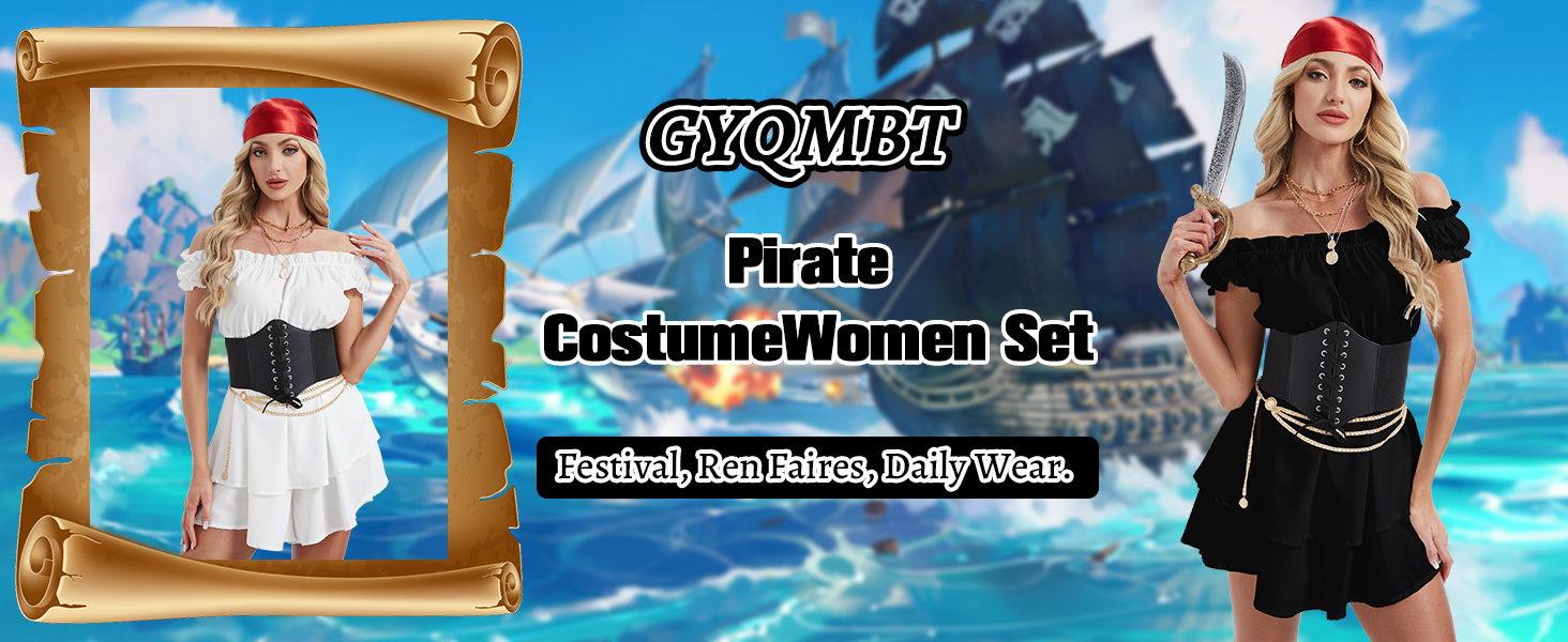 GYQMBT 5PCS Women 2XL Pirate Costume,Renaissance Romper Style Dress with Pirate Bandana Corset Accessories for Halloween Cosplay.