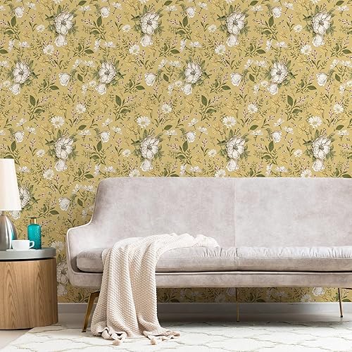 Simon&Siff Papel tapiz bohemio para despegar y pegar, diseño de margaritas florales, color amarillo, 472 x 17.3 pulgadas