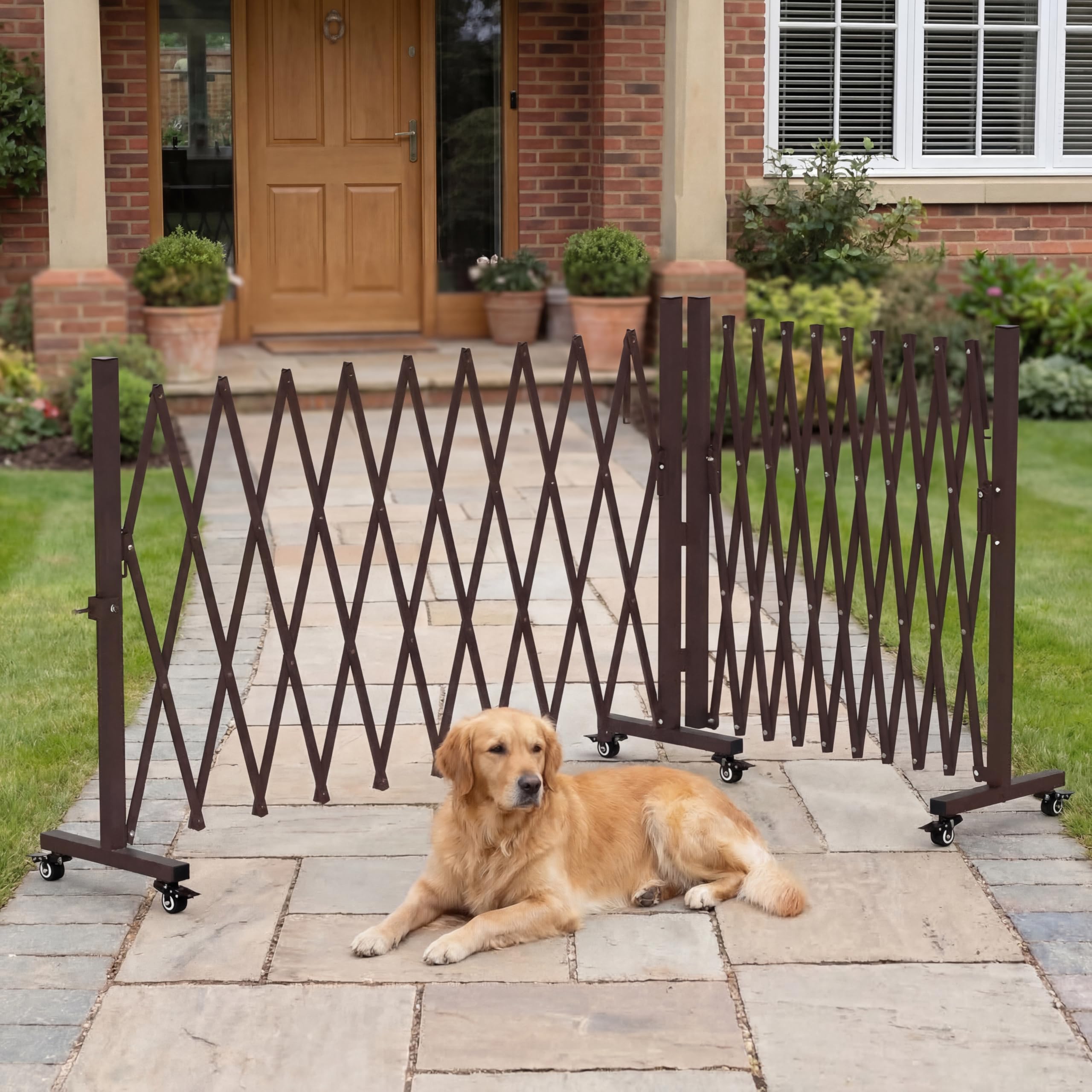 Photo 1 of TSAYAWA 213” Wide Expandable Retractable Driveway Gate for Outdoor, Metal Fence Barrier with Lockable Foot Casters, 0-180° Rotatable Two-Segment Yard Garden Gate for Dog Security (213W×39.76H, Grey)