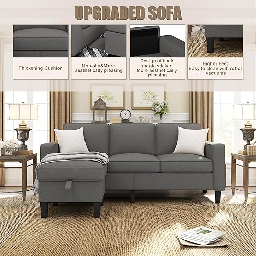 Miniatura 6 de ZeeFu Sofá modular convertible, moderno tapizado de tela de lino gris oscuro de 3 asientos en forma de L, muebles con almacenamiento reversible