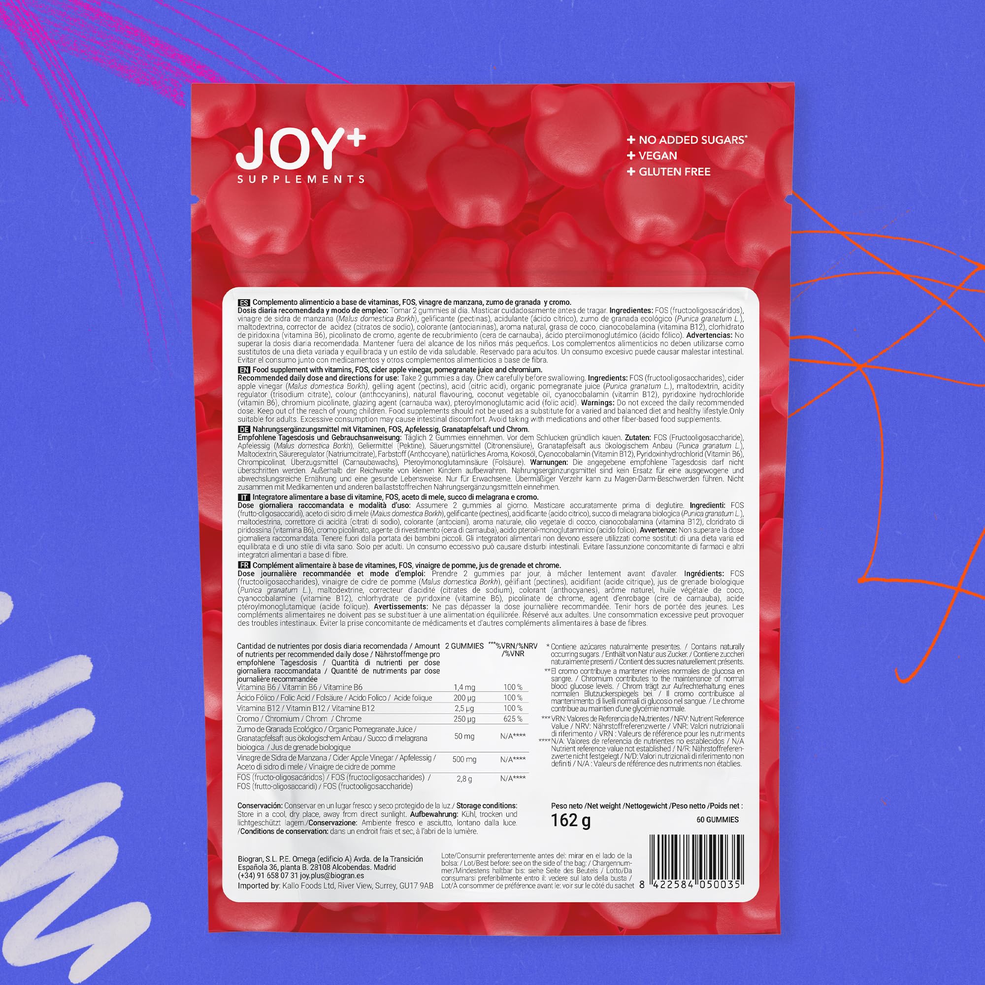 JOY+ - SWEET CONTROL - Gominolas para el Control de Glucosa con Vinagre de Manzana, Cromo, Ácido Fólico, Vitaminas B6 y B12. Sabor Manzana. 60 Gummies. Sin Azúcares añadidos - 2