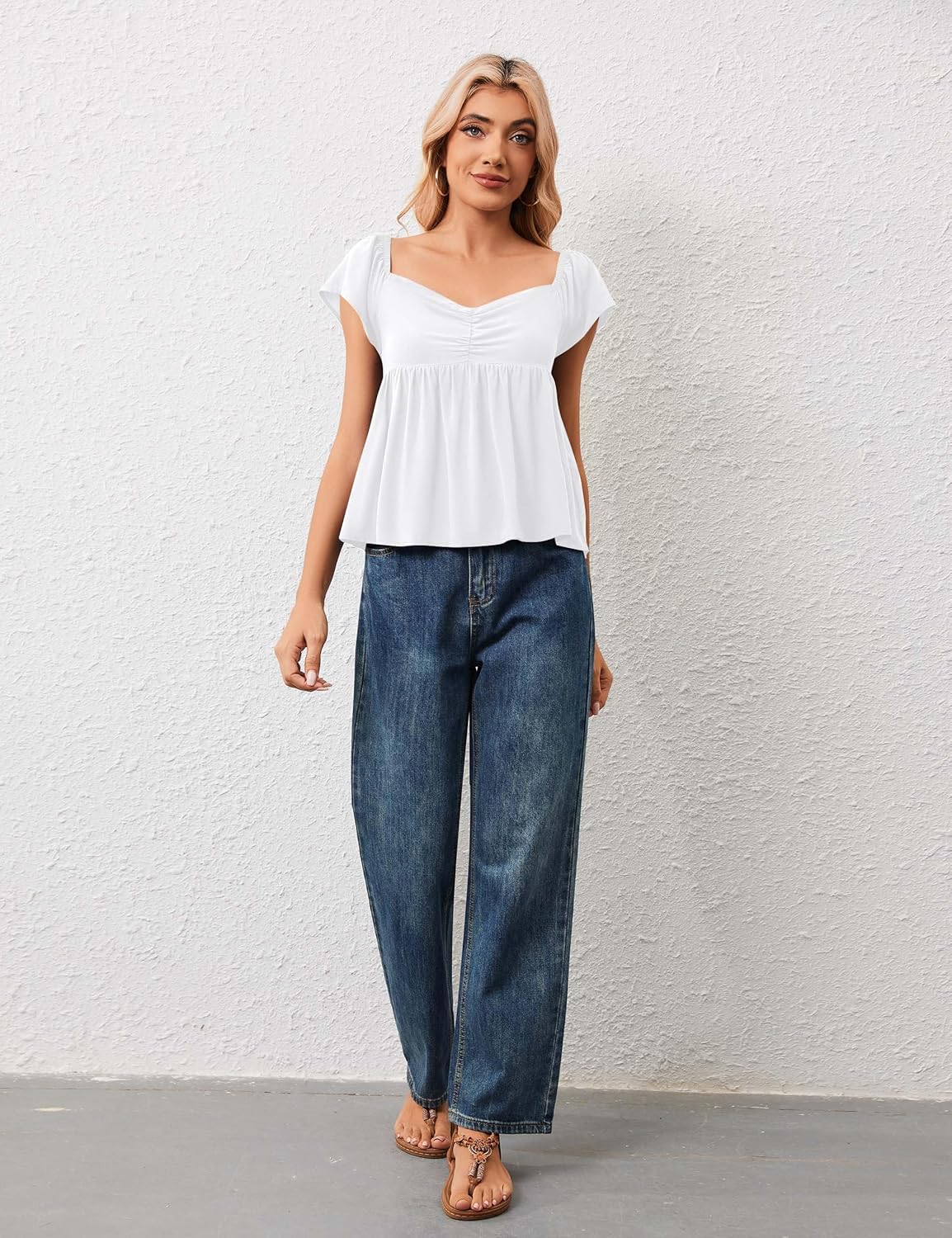 Womens Flowy Peplum Tank Tops Ruffle Sleeve Babydoll Tank Top Sweetheart Neck Smocked Back Short Sleeve Going Out Top White - Image 6