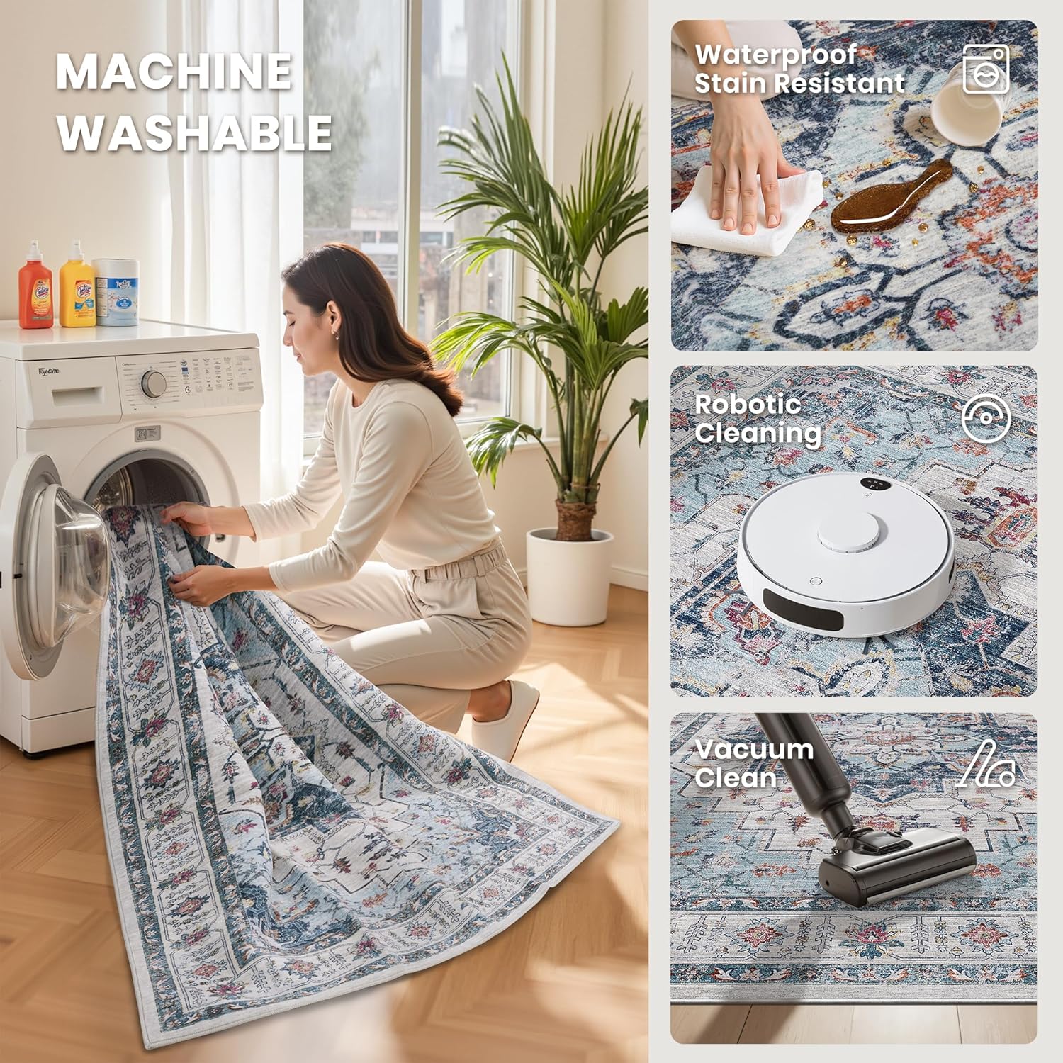 zesthome Area Rugs 9x12, Washable Rug Non-Slip Low Pile Rugs for Living Room, Bedroom, Home Decor Vintage Large Area Rug (Blue,9'x12') thumbnail