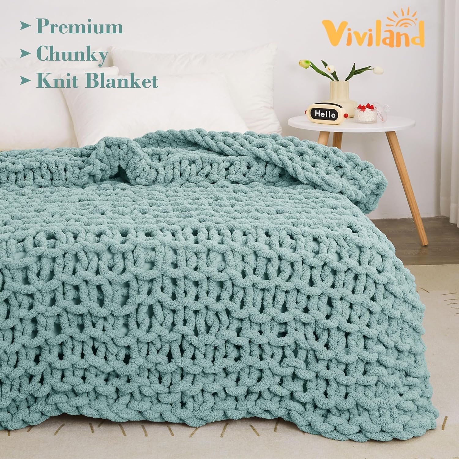 Knit Blanket 50"x60" Aqua Blue Cream Soft Washable Chenille Throw Blanket Cozy 100% Handmade Crochet Blankets with Jumbo Chenille Yarn for Couch Bed Sofa Room Decor
