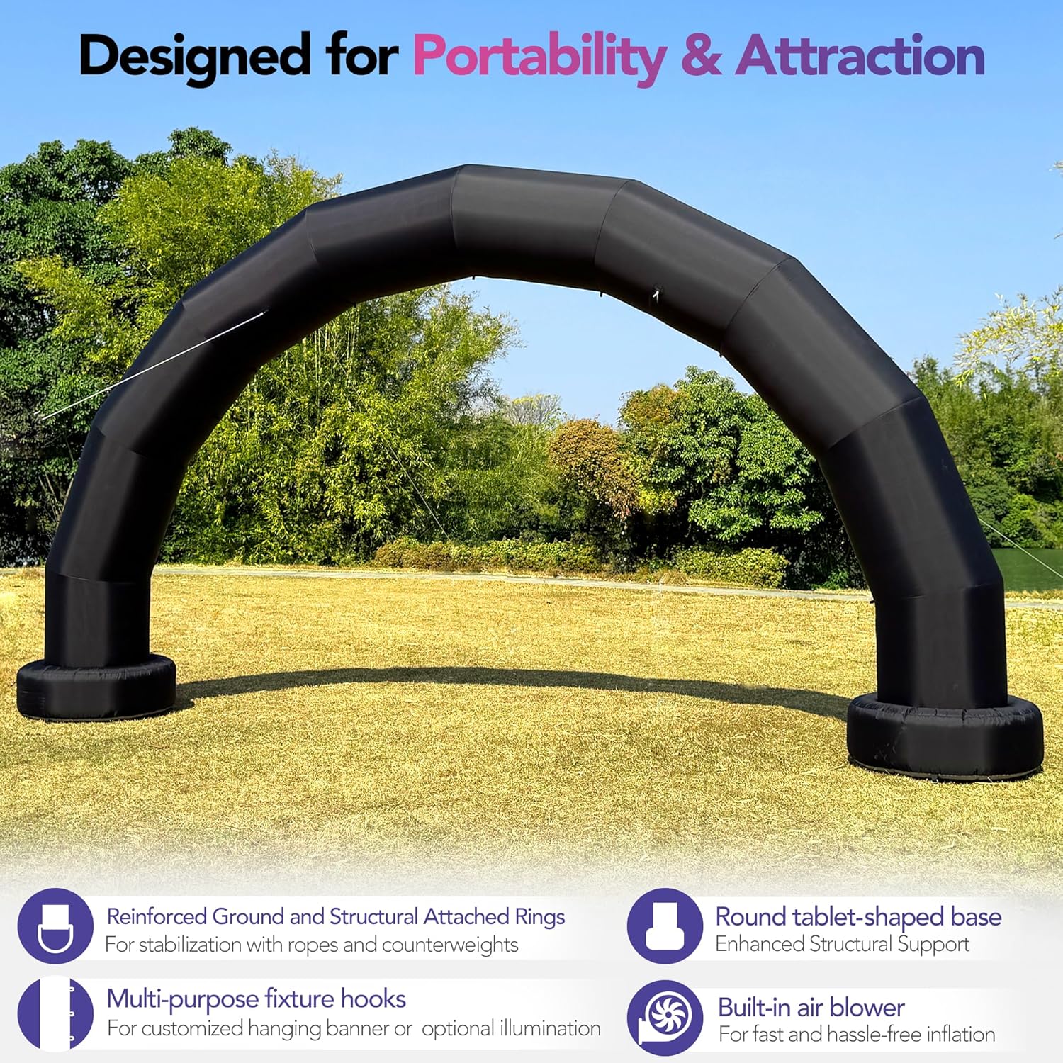 20Ft Half-Circle Inflatable Arch with Built-in Blower - Black, Archway Recommended for Races, Marathons, Organized Events, Carnivals, Festivals, Parties
