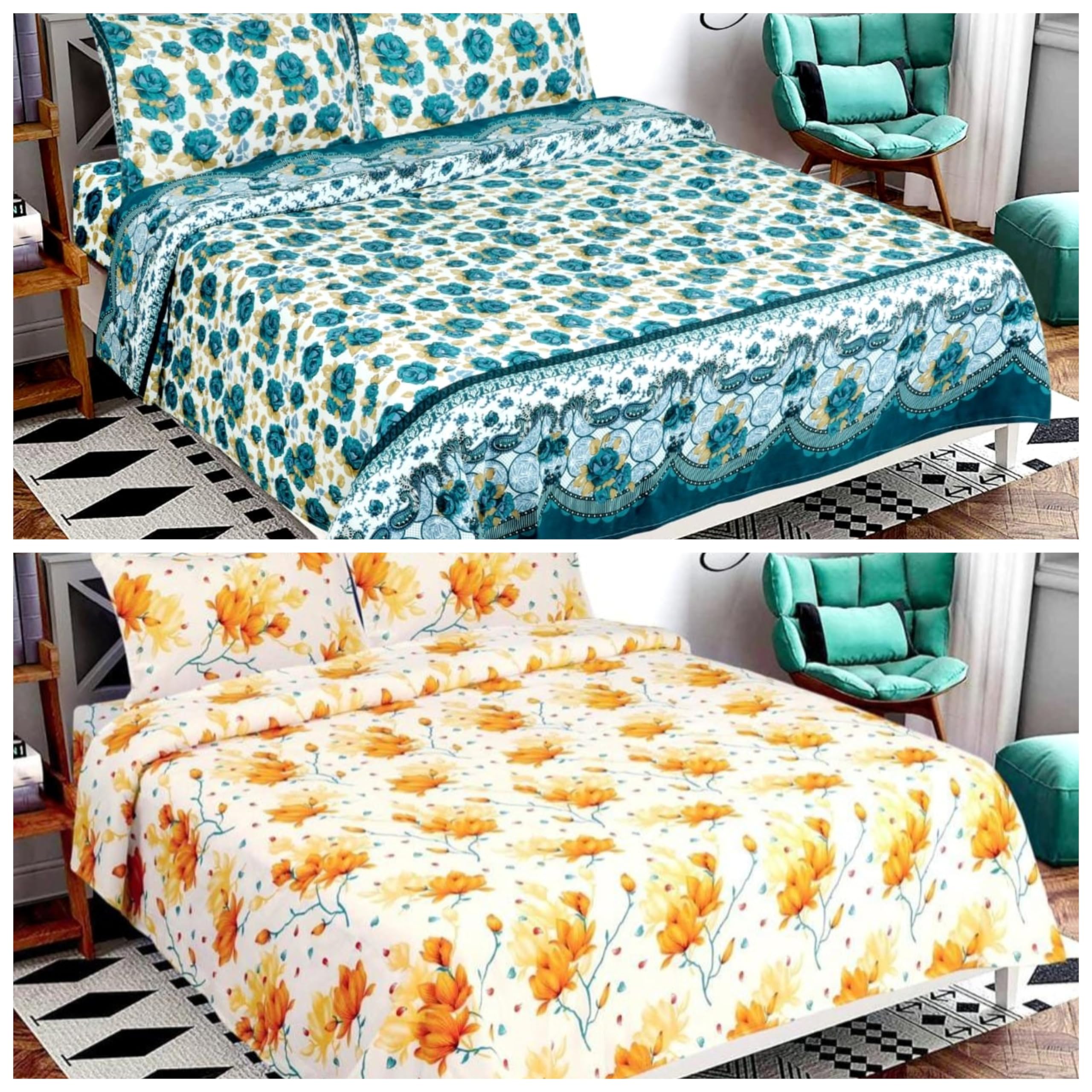 VIVAN Textiles Floral Printed Microfiber Wrinklefree Super Soft 144 TC Bedsheet for 2 Double Bed with 4 Pillow Covers (220x230 cm, Green & Beige) (B0CZ372LLM) Amazon Price History, Amazon Price Tracker