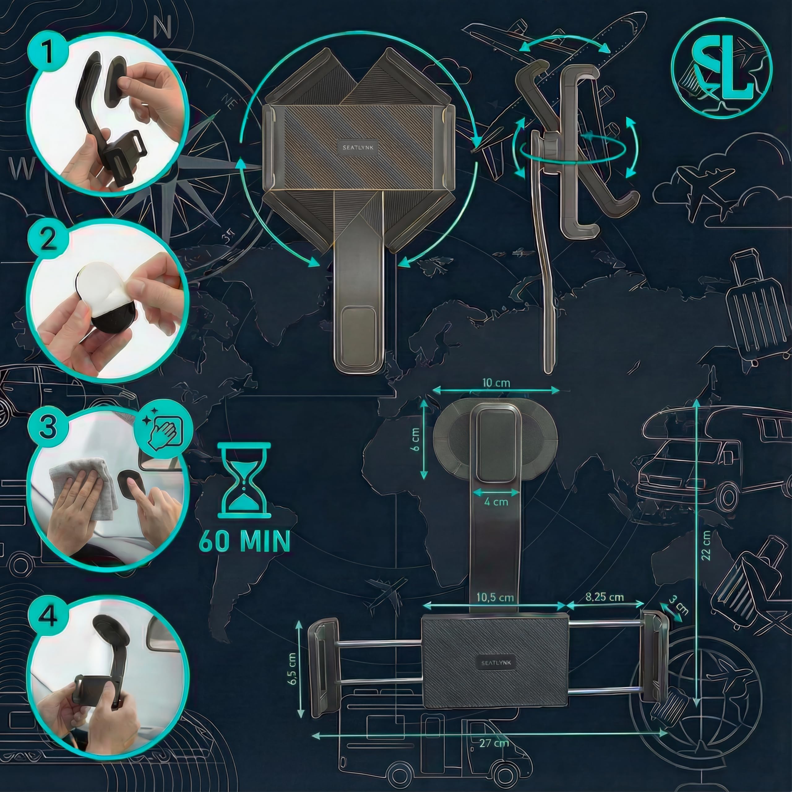 Holdyssey – Support flexible et ergonomique pour smartphones, tablettes, liseuses électroniques et Switch (5–18,5") | Pour appuie-tête, sièges sport, tableau de bord, voyages en avion et en train