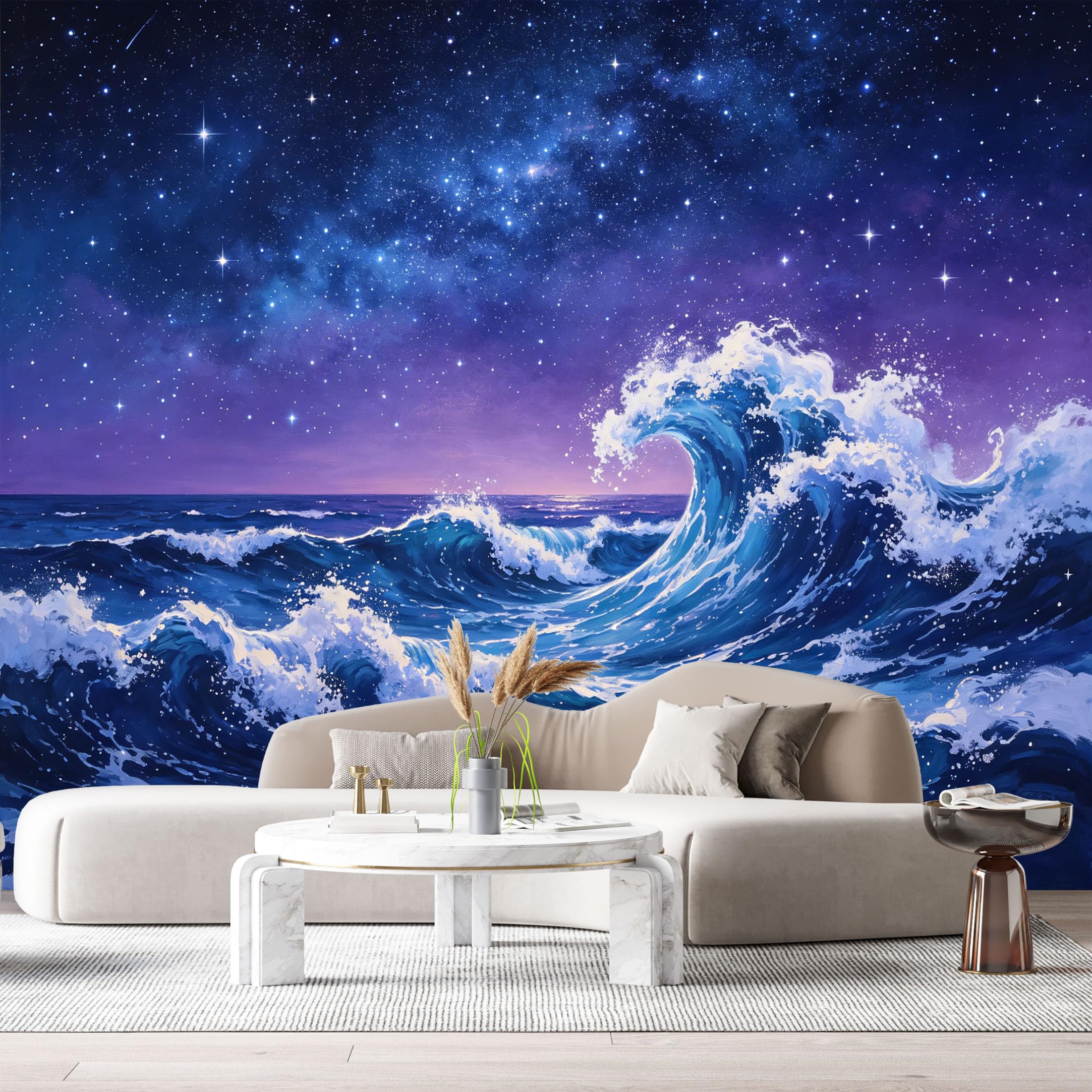 Custom Size Wall Murals Ocean Waves Under Starry Sky Watercolor Coastal Marine SelfAdhesive Wall Fabric Removable Large Wallpaper for Photo Living Room