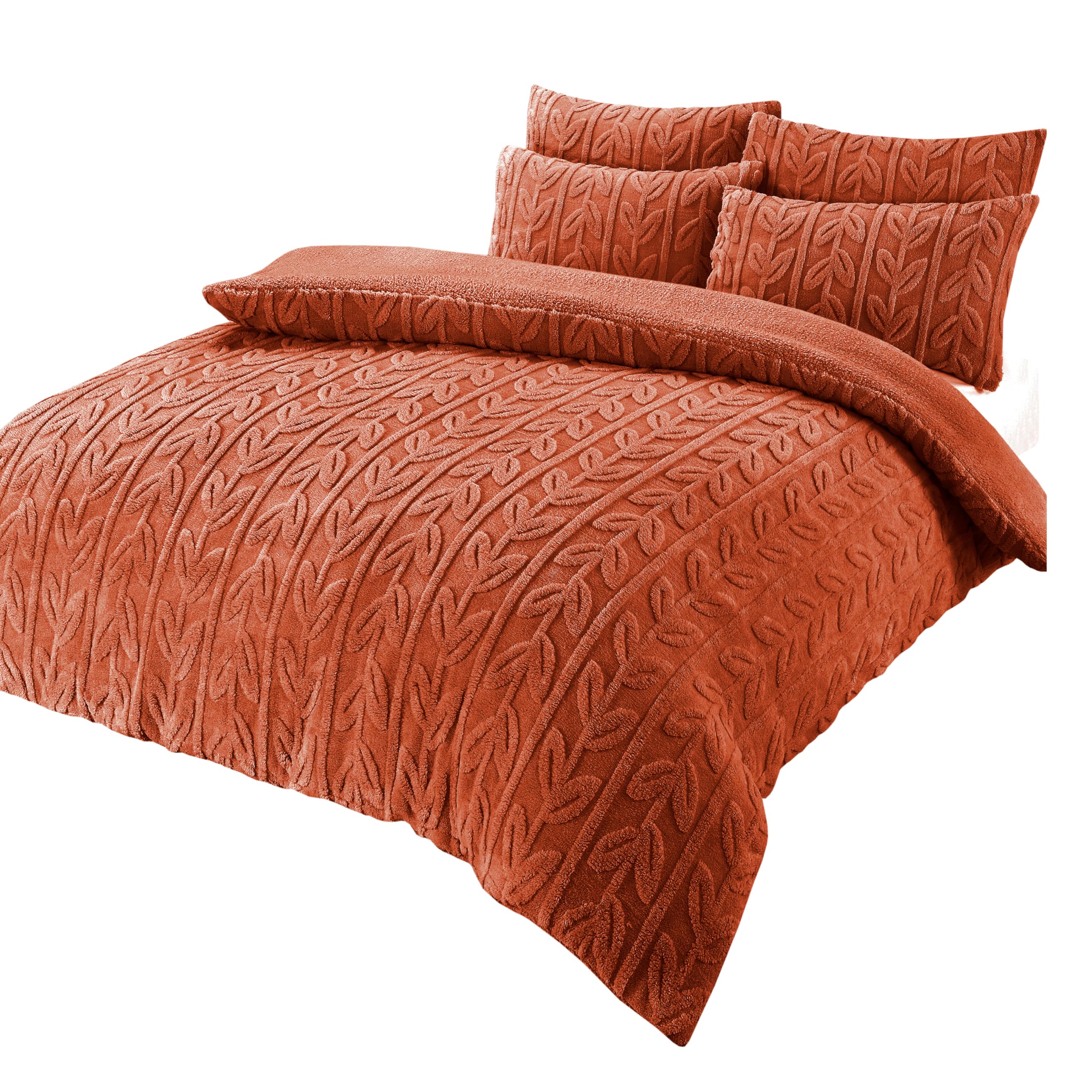 Olivia Rocco Leaf Teddy Fleece Duvet Cover Set Easy Care Quilt Bedding Sets with Pillow Case Thermal Warm Cosy Super Soft Fluffy Comforter Bed linens (Spice Orange, Double)