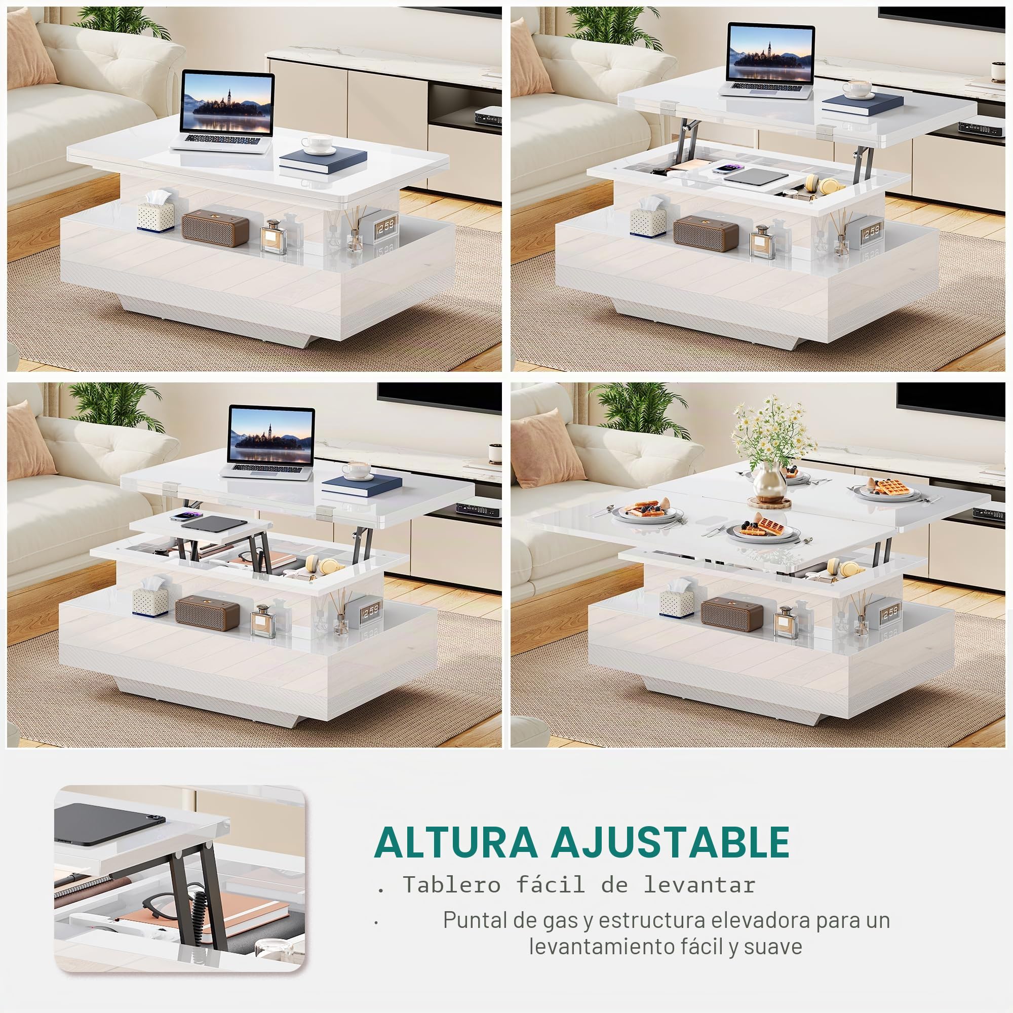 YITAHOME Mesa de Centro Elevable y Extensible, 4 en 1 Mesa Centro Convertible Brillante Moderna con LED Y 2 Cajones, Adecuado para Salon de Estar y Fiestas de Mesa