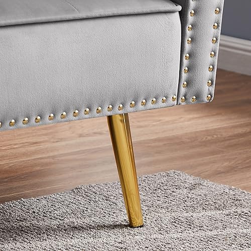 Miniatura 12 de Moderno sofá biplaza de terciopelo de 59 pulgadas con 2 bolsillos, sofá cama convertible tapizado con respaldo múltiple ajustable, sofá futón con