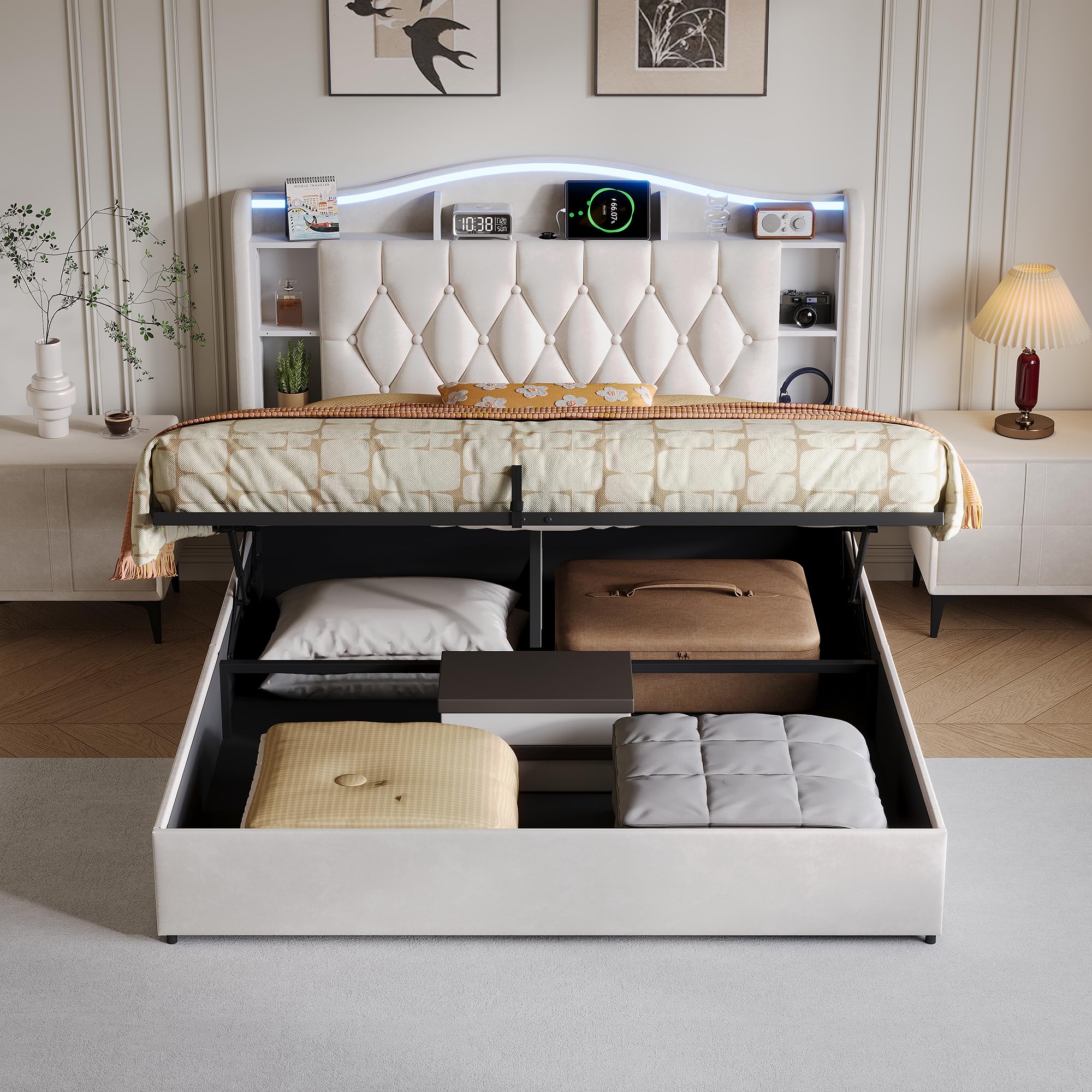 Letto Matrimoniale 160x190 con Contenitore Idraulico, Letto Imbottito in Velluto con LED RGB e USB/Type-C, Testiera con Ripiani Portaoggetti, Struttura Letto con Rete a Doghe (Beige-a, 160x190)