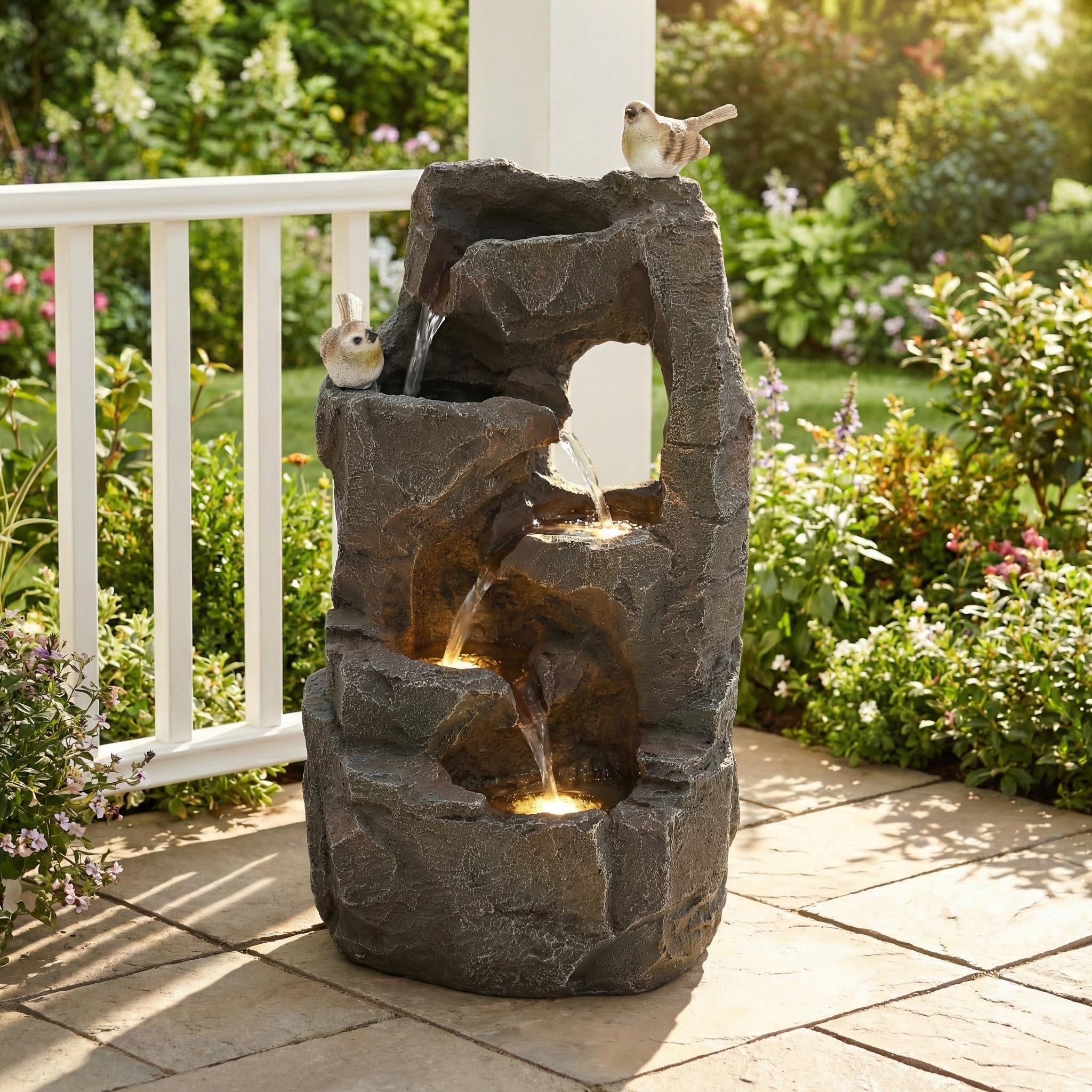 Merax Gartenbrunnen mit LED Beleuchtung, Moderner Standbrunnen für Garten, Terrasse, Balkon & Rasen, Steinoptik, Natürlicher Stil, 47cm Springbrunnen Wasserspiel Kaskade, Polyesterharz, Steingrau