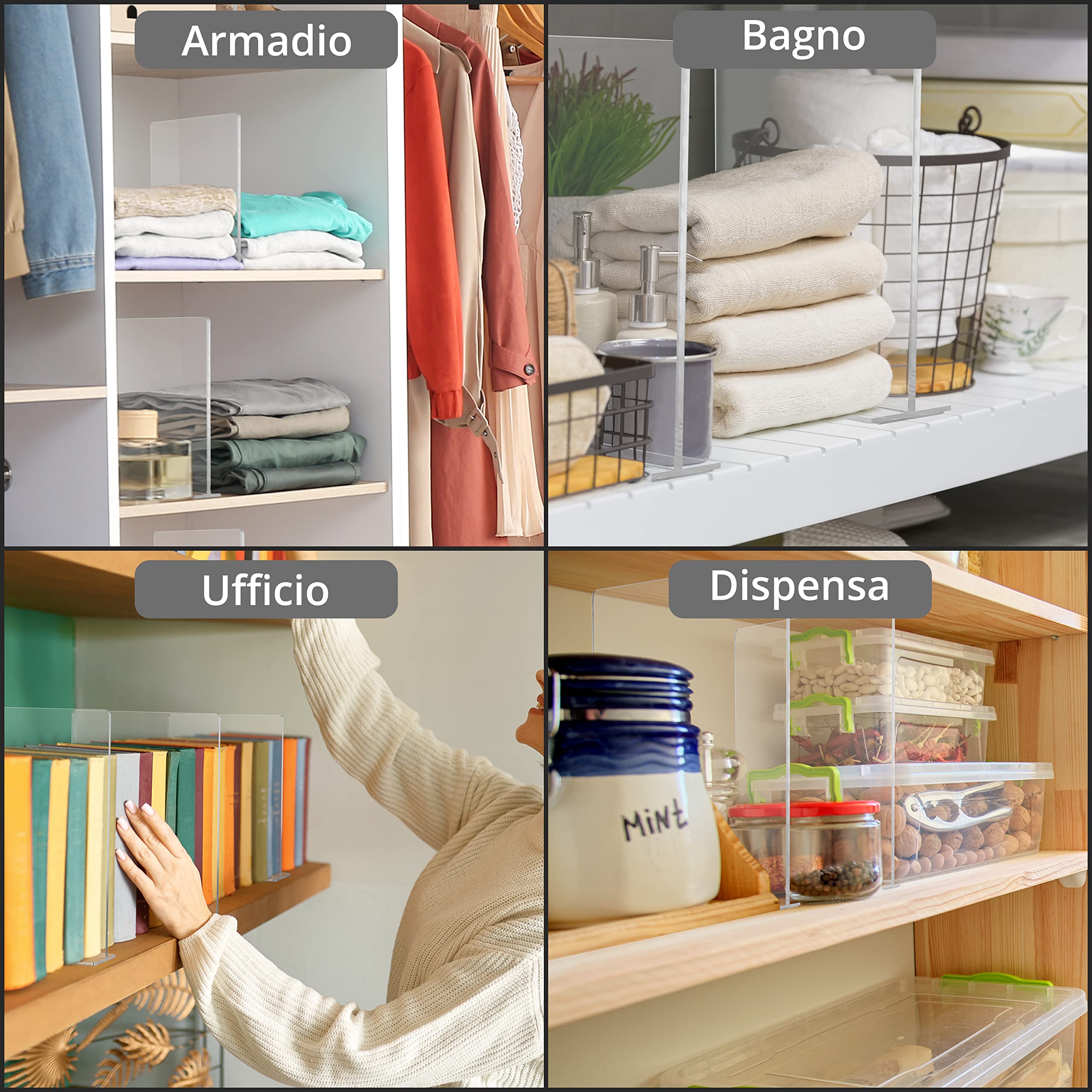 Divisori Cassetti in Acrilico Trasparente [4 Pezzi] - Organizzatori per Armadio Verticali in Camera da Letto, Ufficio - Divisori per Cassetti per Vestiti, Asciugamani, Scarpe, Borse e Libri