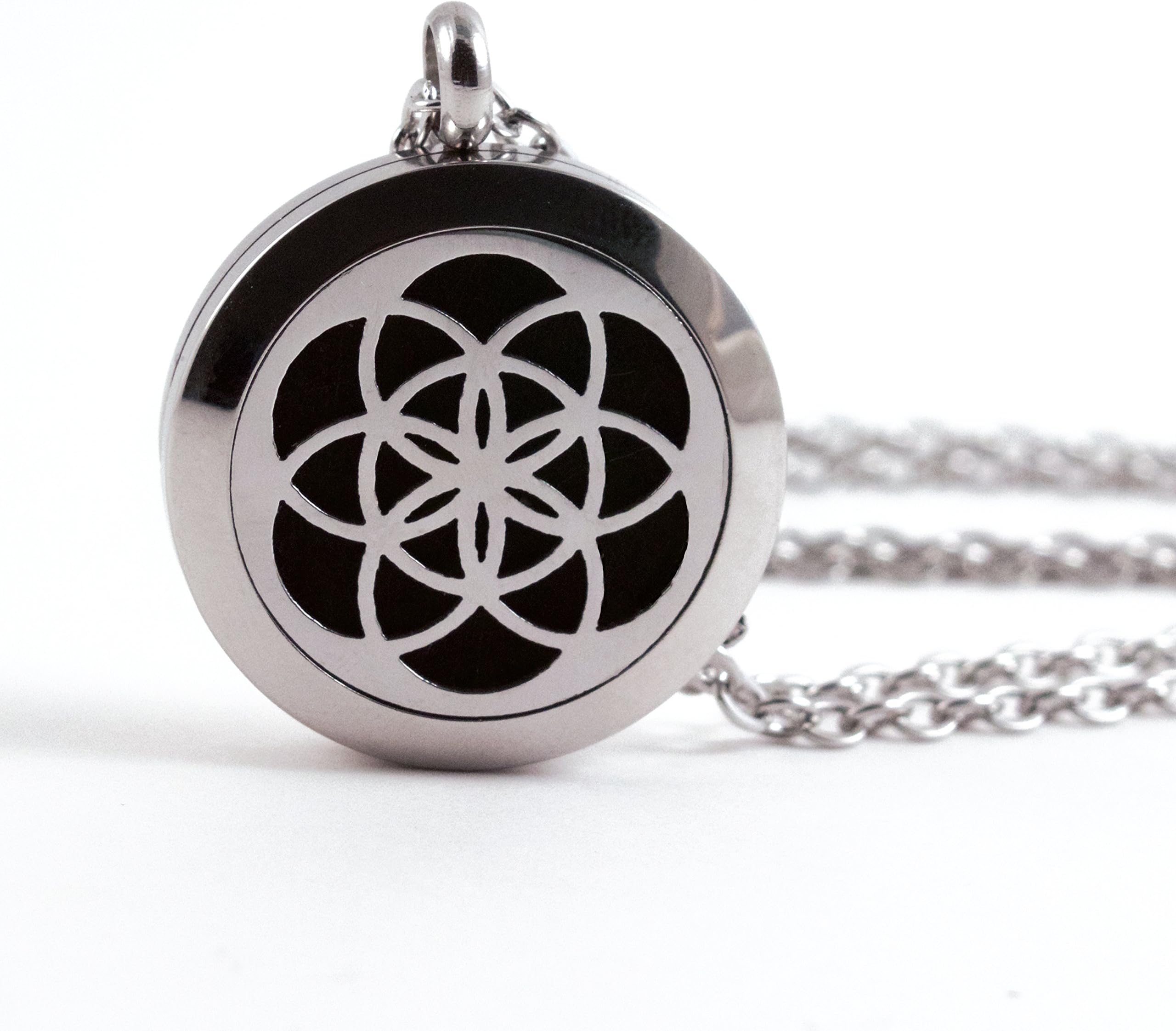 Flower of Life Aromatherapy Essential Oil Diffuser Necklace ~Elegant Gift Box - Hypoallergenic Stainless Steel Locket with 24” Chain & 3 Highly Absorbent, Washable Refill Pads by Alaia Essentials
