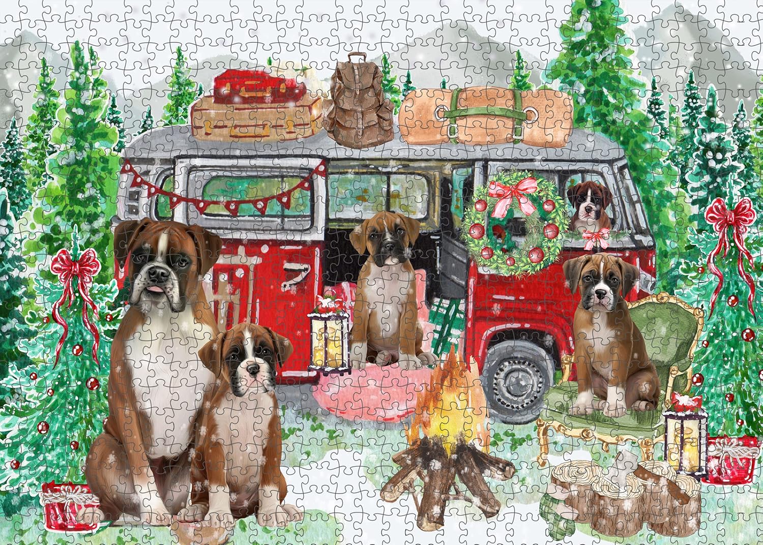 Christmas Time Camping with Boxer Dogs Jigsaw Puzzle for Adults - Animal Printed Interlocking Puzzle Game Artwork - Gift for Dog Lover's - 1000 Pcs 29.5"x19.7"