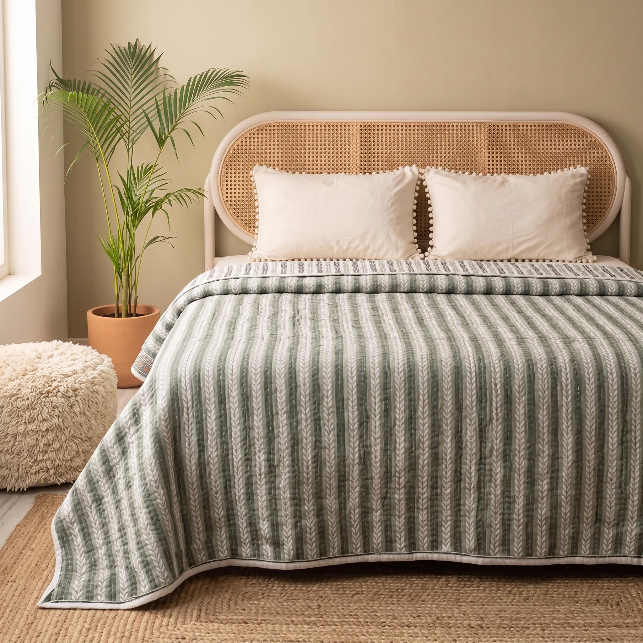 Peepul Tree Pure Cotton Queen Size Bed Quilt or Comforter in Green Leafy Stripes | Versatile as Quilt or AC Blanket | Reversible Designs | The Royal Courtyard Collection-image-14