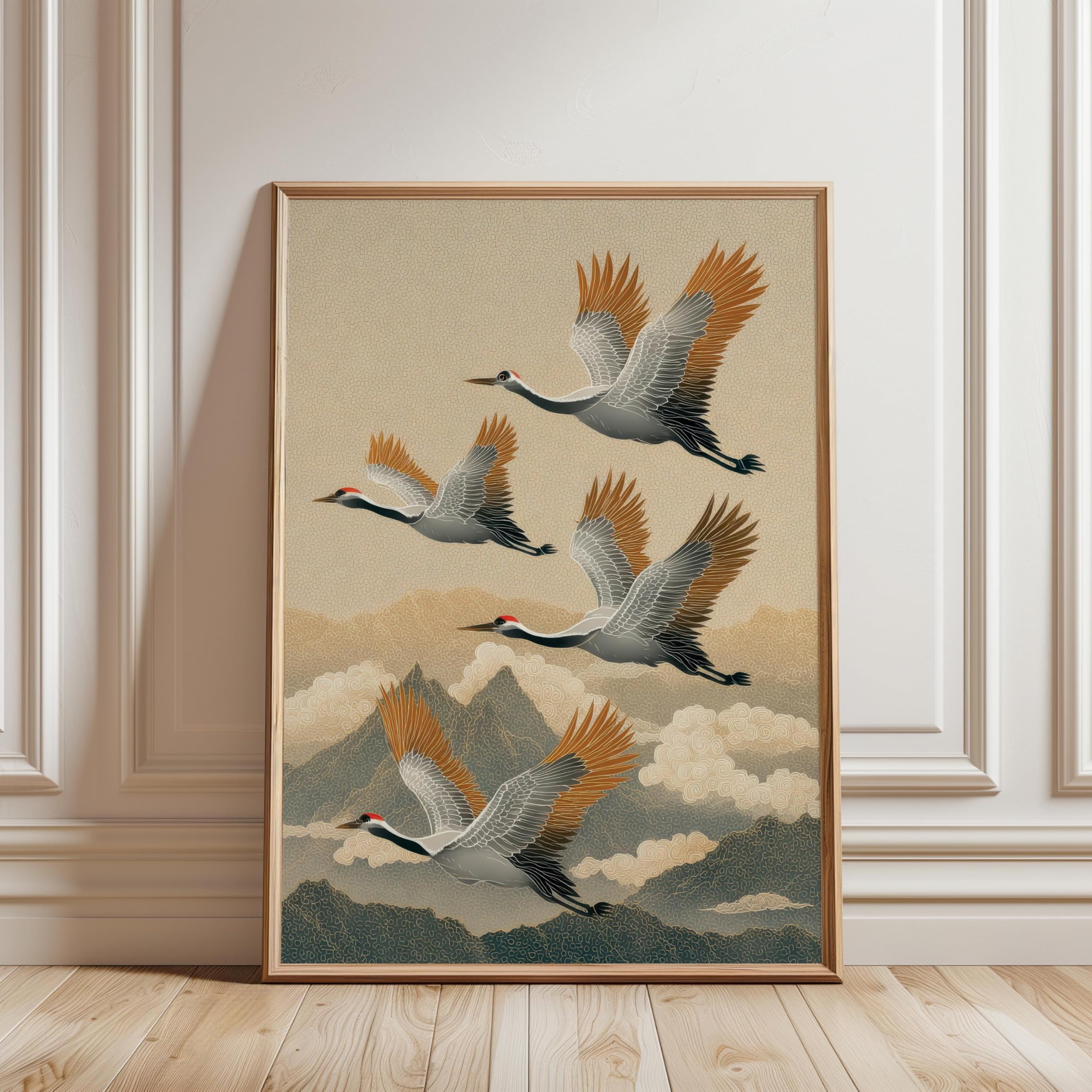 LMYCHENG Obraz na płótnie z latającym żurawiem, górski krajobraz w stylu Ukiyoe, spokojny obraz ścienny do dekoracji domu (60 x 80 cm/wewnętrzna rama)