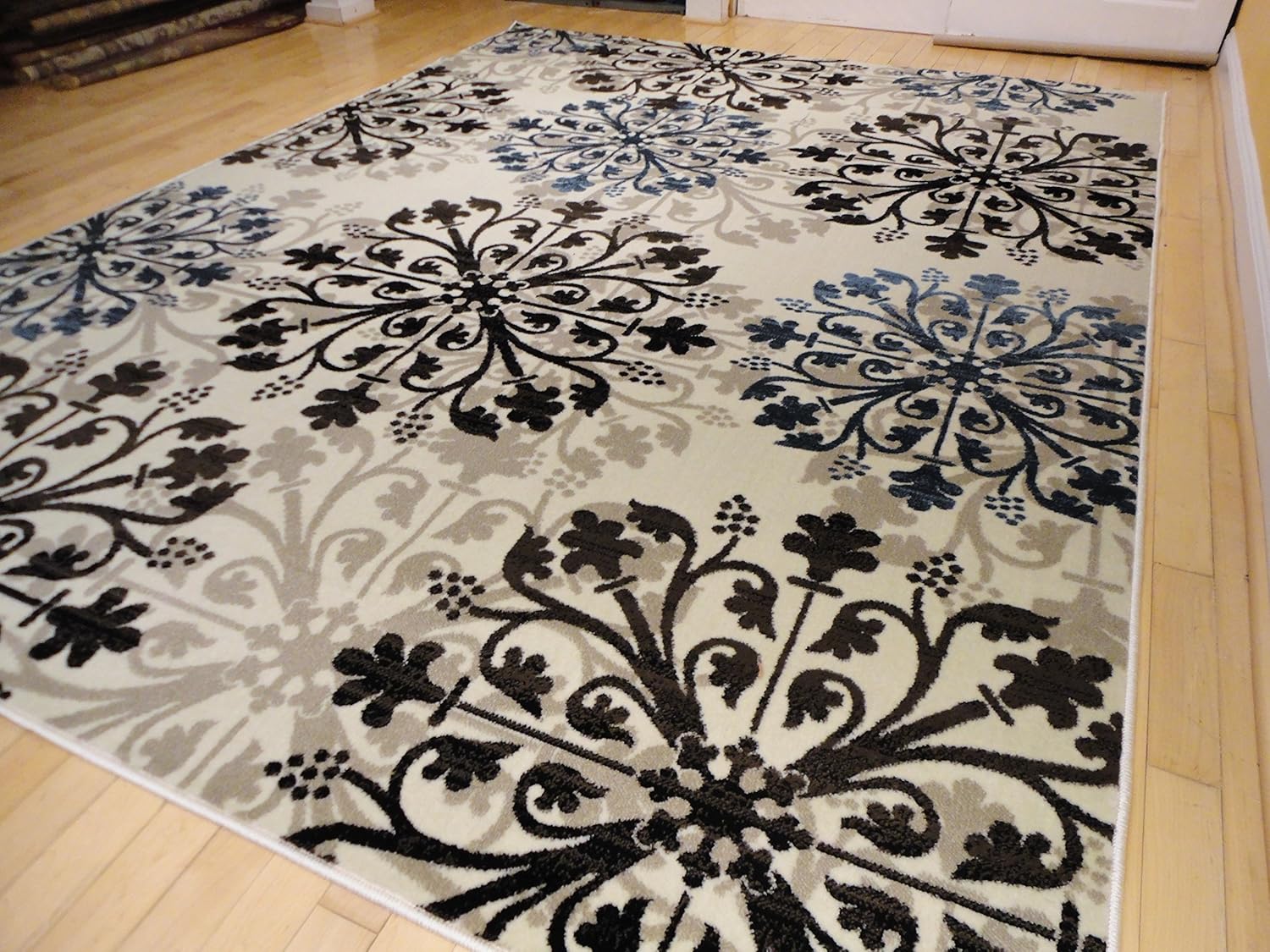 Premium Modern Area Rug Swirls Cream Black Brown Blue Beige Rugs, 5x8 Living Room