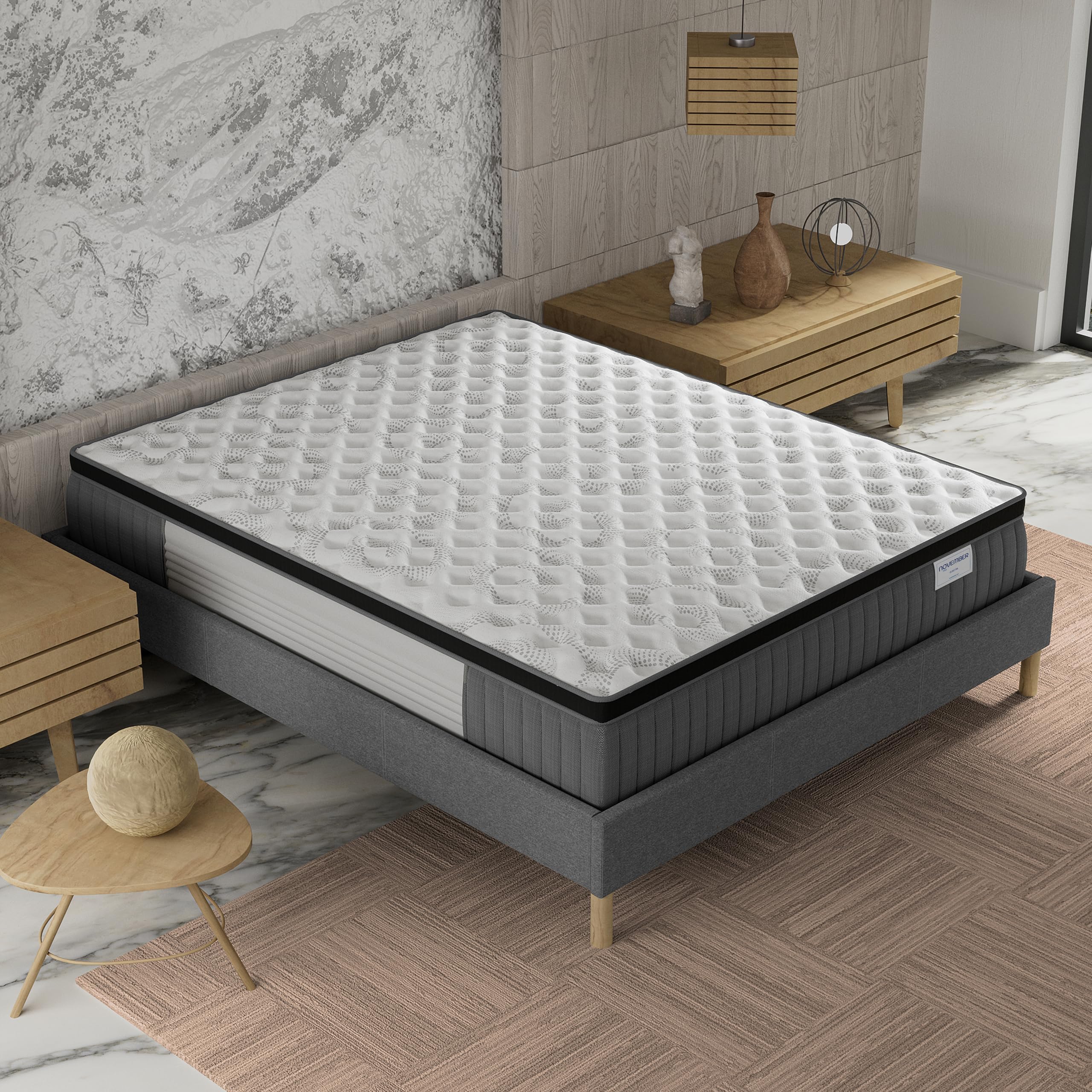 NOVEMBER- Ensemble Matelas + sommier (160 x 200cm)- Matelas Elekctra Ressorts ensachés & mémoire de Forme d’épaisseur 30cm + Sommier Bois Stable & Robuste revêtement Tissu Gris