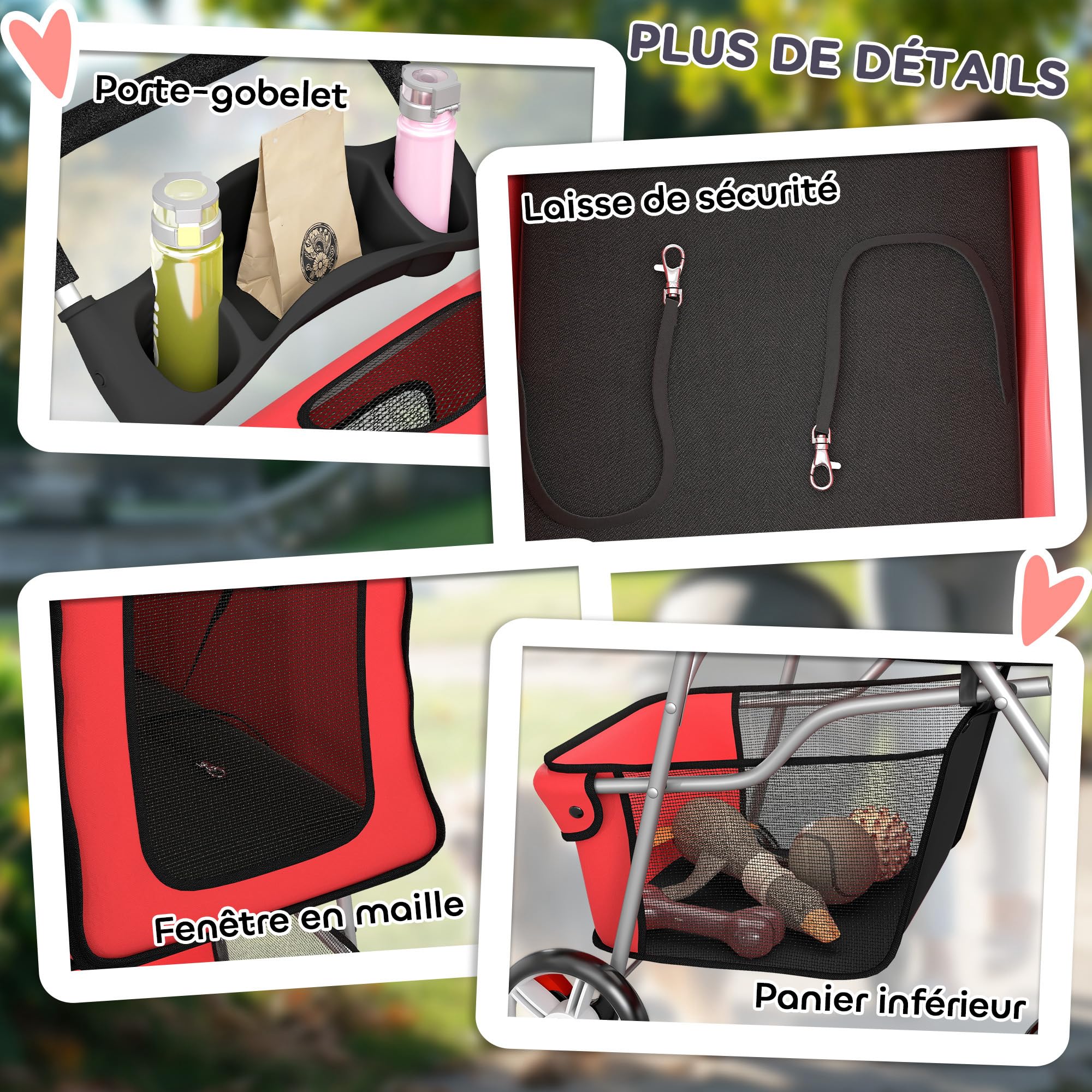 Poussette Buggy Pliable Animaux, Chariot Pliante Imperméable pour Chien et Chat, Toit Amovible Incluse, Porte-Gobelet, Panier de Rangement, Roues avec Frein, Tissu 600D Oxford, Acier, Rouge