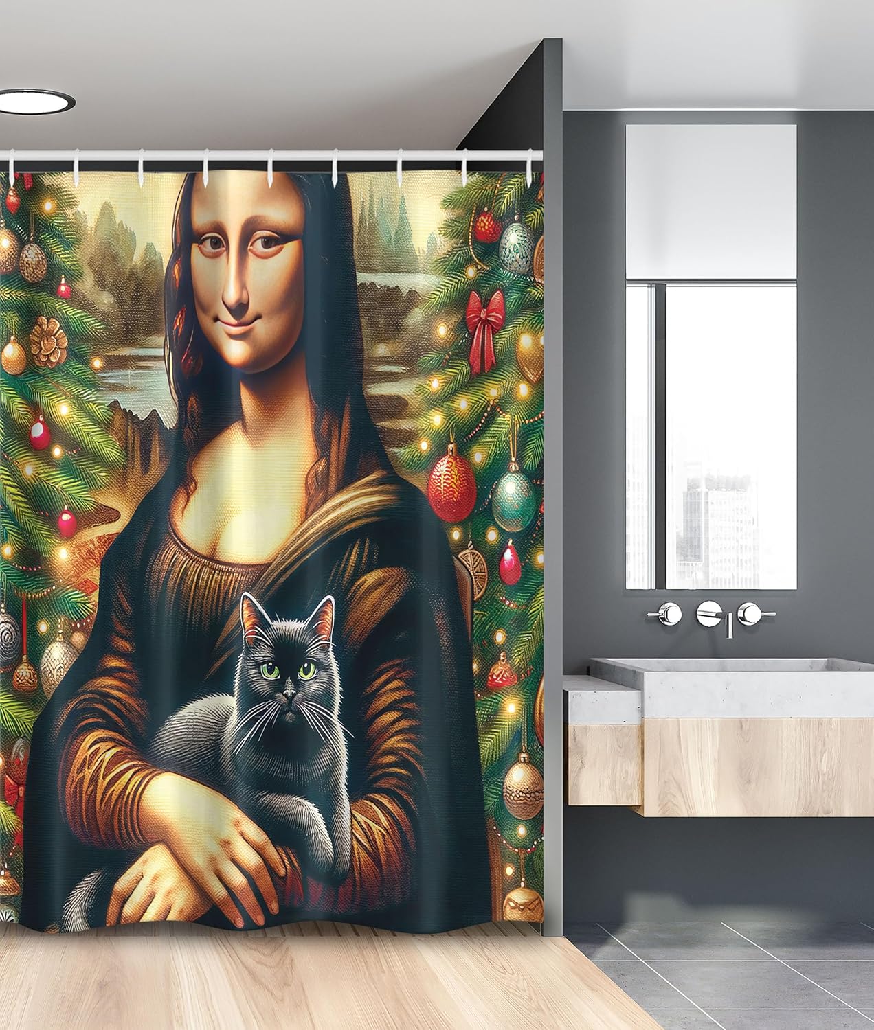 Ambesonne Christmas Stall Shower Curtain, Smiling Mona Lady Interpretation with Black Cat and Xmas Tree Print, Fabric Bathroom Decor Set with Hooks, 54" W x 78" L, Apricot Amber and Green
