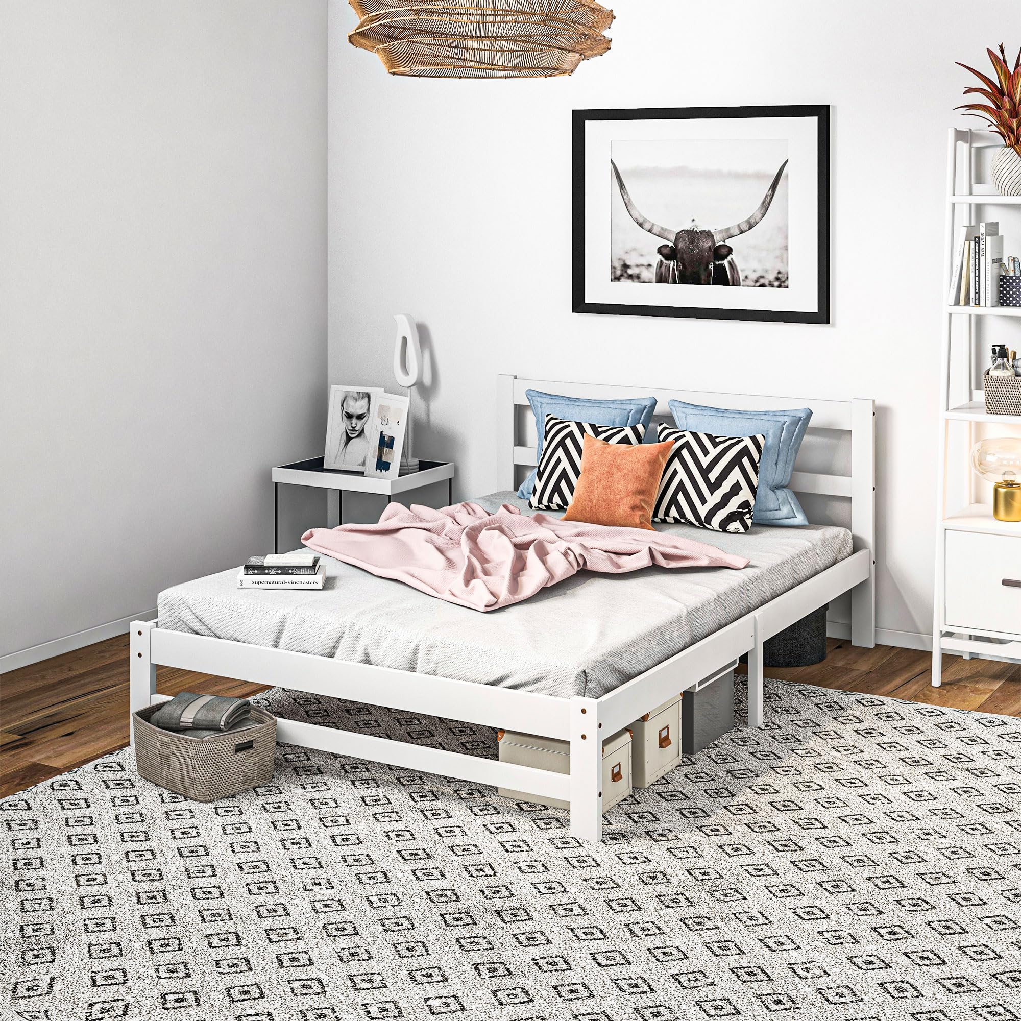 HOMCOM Marco de Cama de Madera con Somier Doble 195x141 cm 300 kg Blanco | Estructura de Cama Doble, para Colchón de 135x190 cm, No Incluido