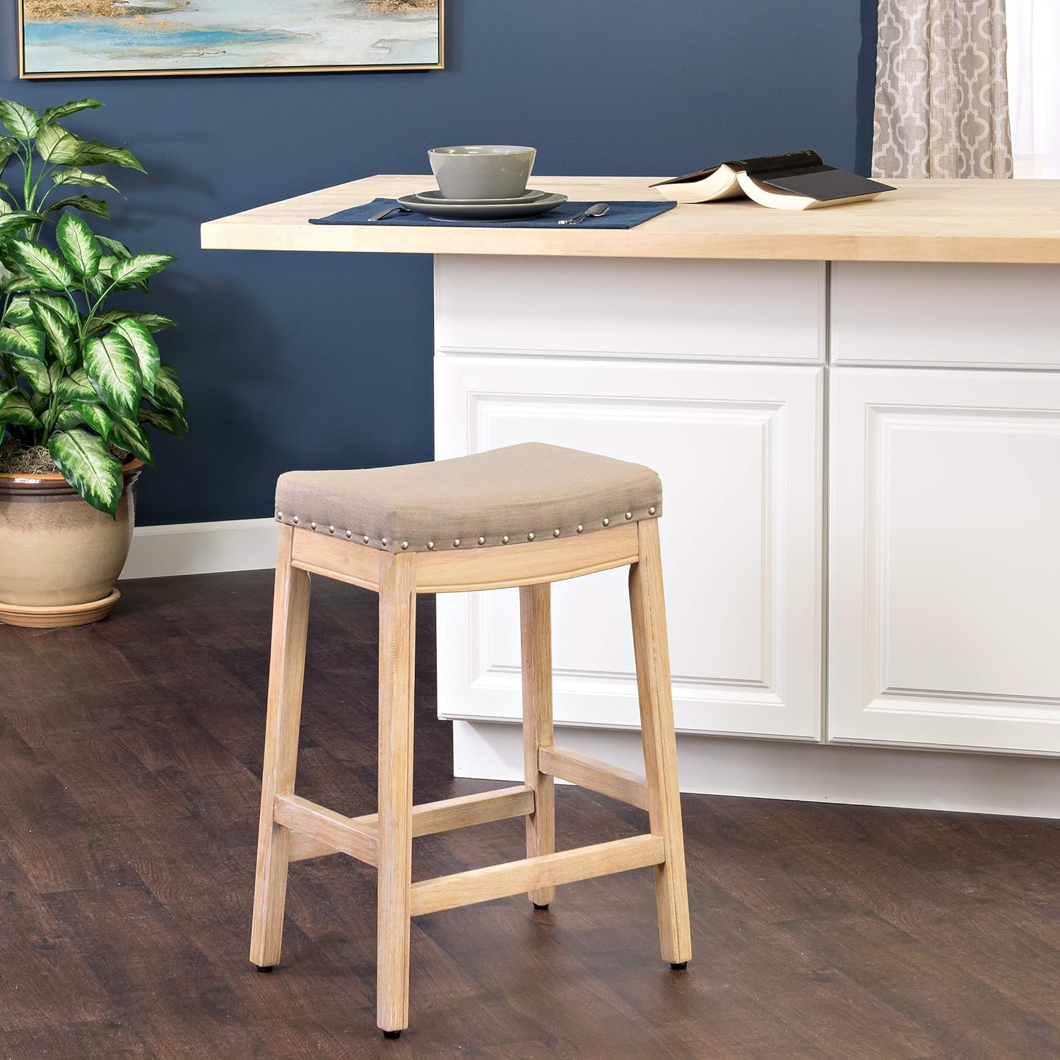 Homepop Home Decor | Backless Nailhead Trim Counter Height Bar Stools | 24 Inch Bar Stools | Decorative Home Furniture (Linen)