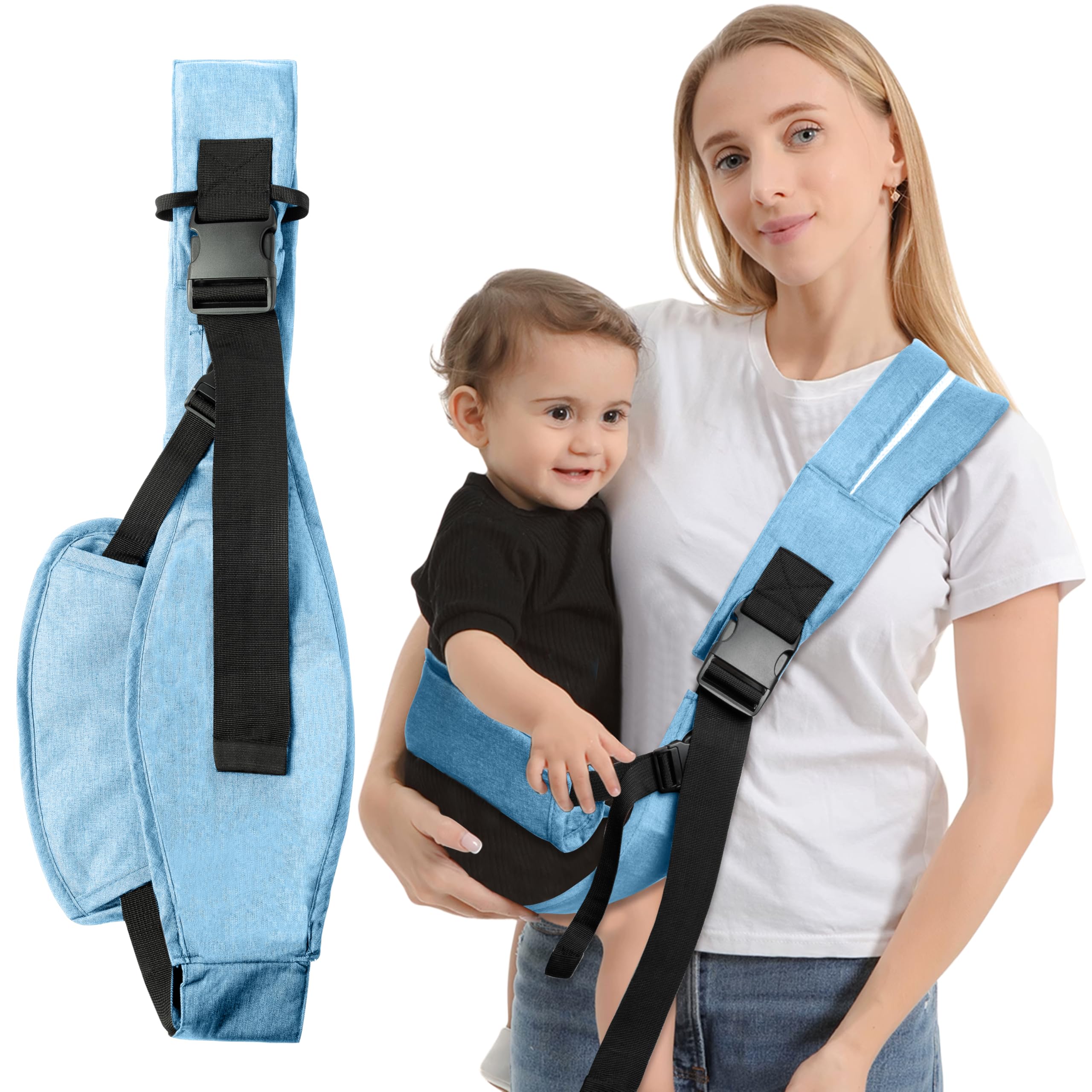 GoaePode Babytrage mit seitlichen Stützgurten, freihändig verstellbare Kleinkind-Tragetasche, tragbare Babytrage mit gepolsterten Schultergurten, ergonomische M-förmige Beinstütze (Blau)
