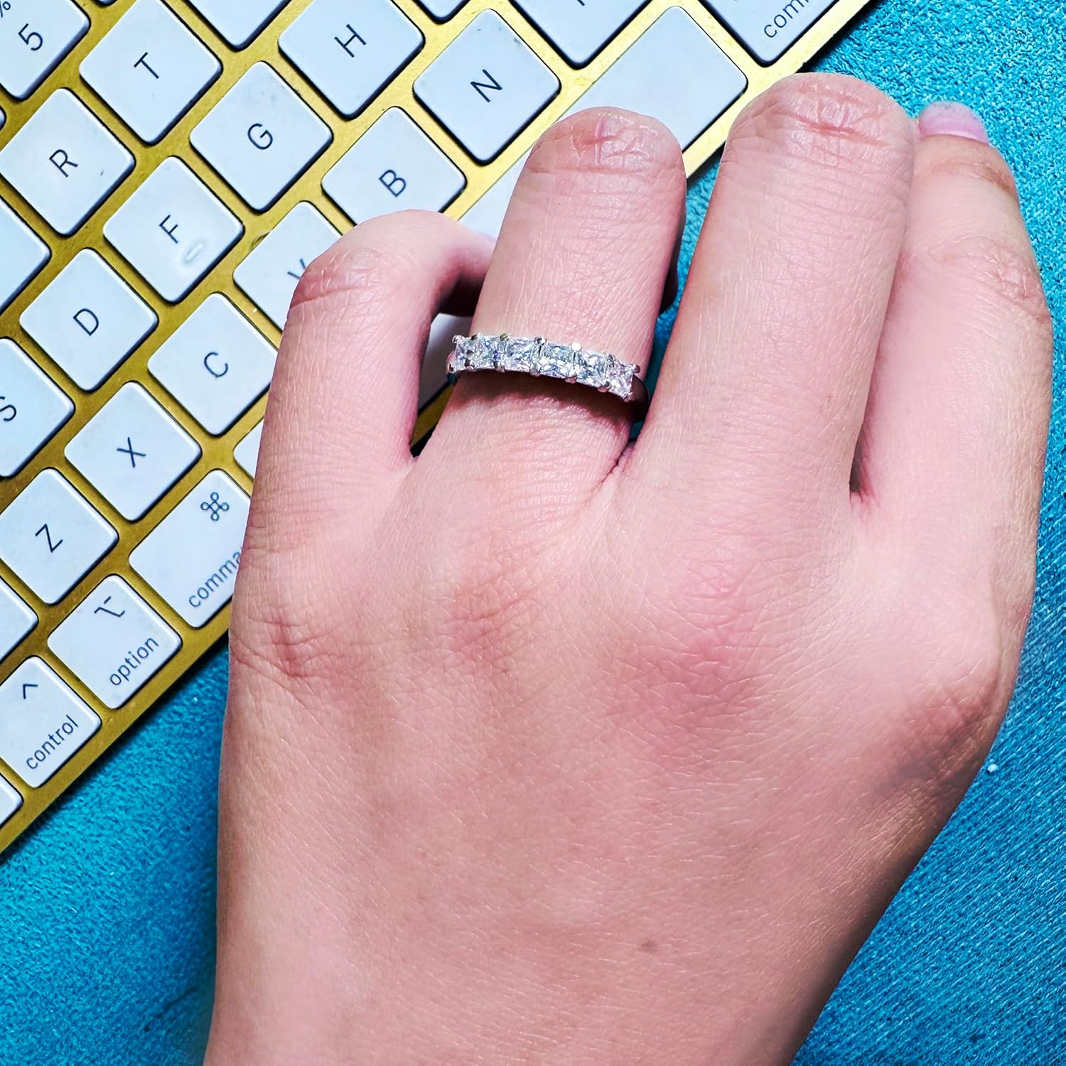 Princess Cut White Moissanite Diamond Wedding Band, 925 Sterling Silver, Stacking Ring